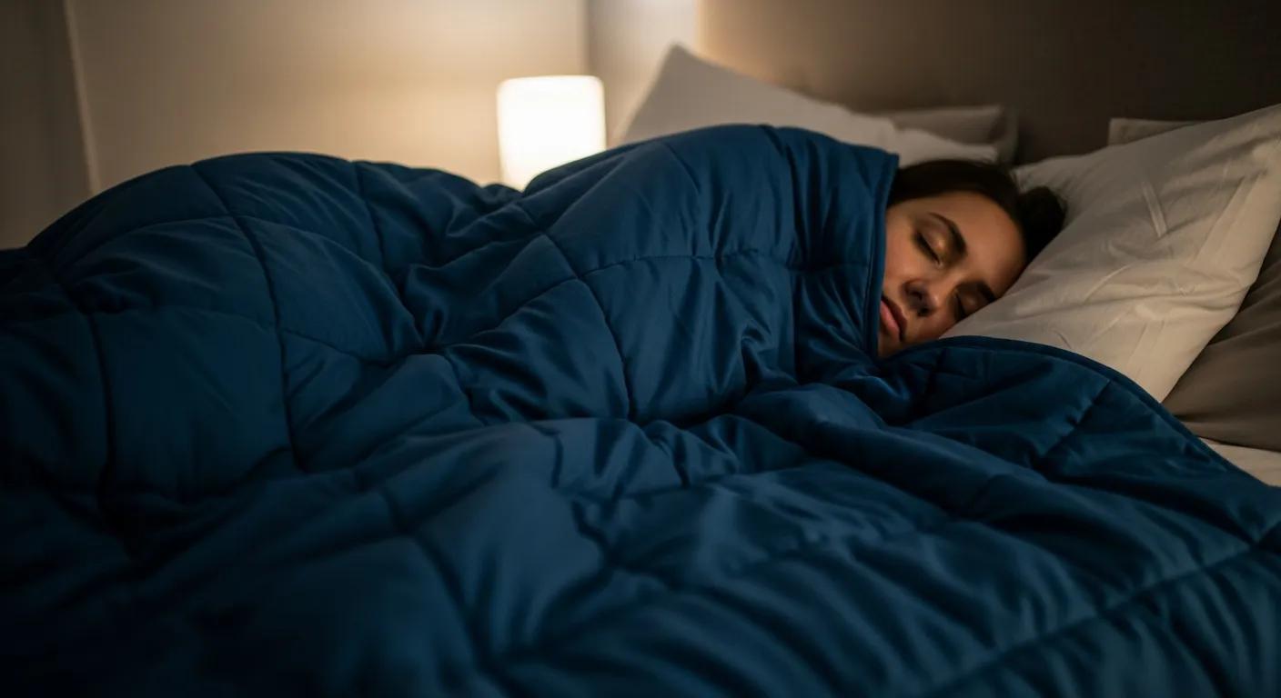 Person sleeping calmly under a weighted blanket, showing the calming effect of deep pressure stimulation