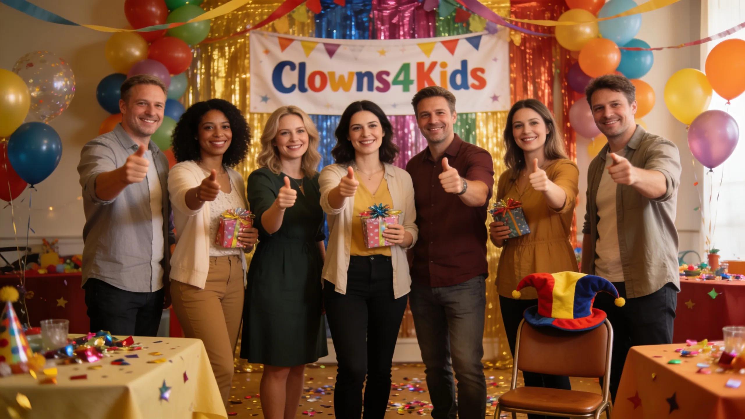 Parents discussing the positive impact of clown services at a children's birthday party