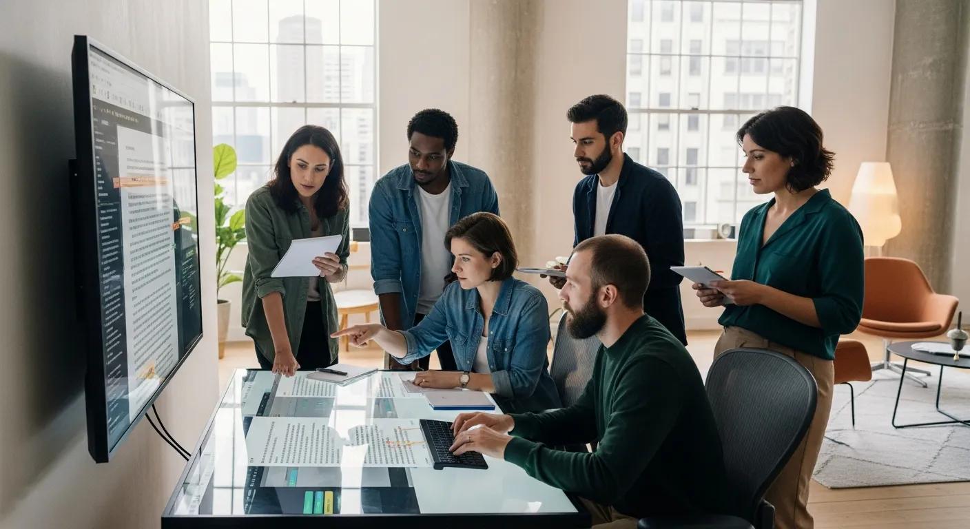 Team reviewing a digital script together in a modern office AI avatar demonstrating Syllaby's tools for efficient content creation and personalization.