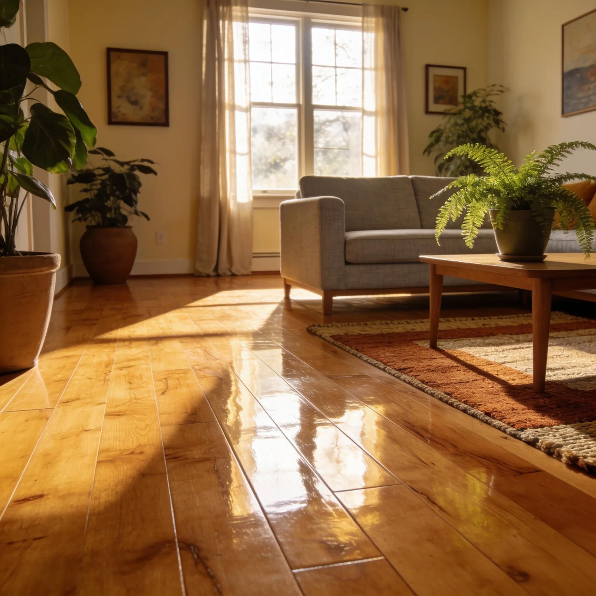 Sunlit living room with stylish hardwood floor — highlighting maintenance and long-lasting beauty