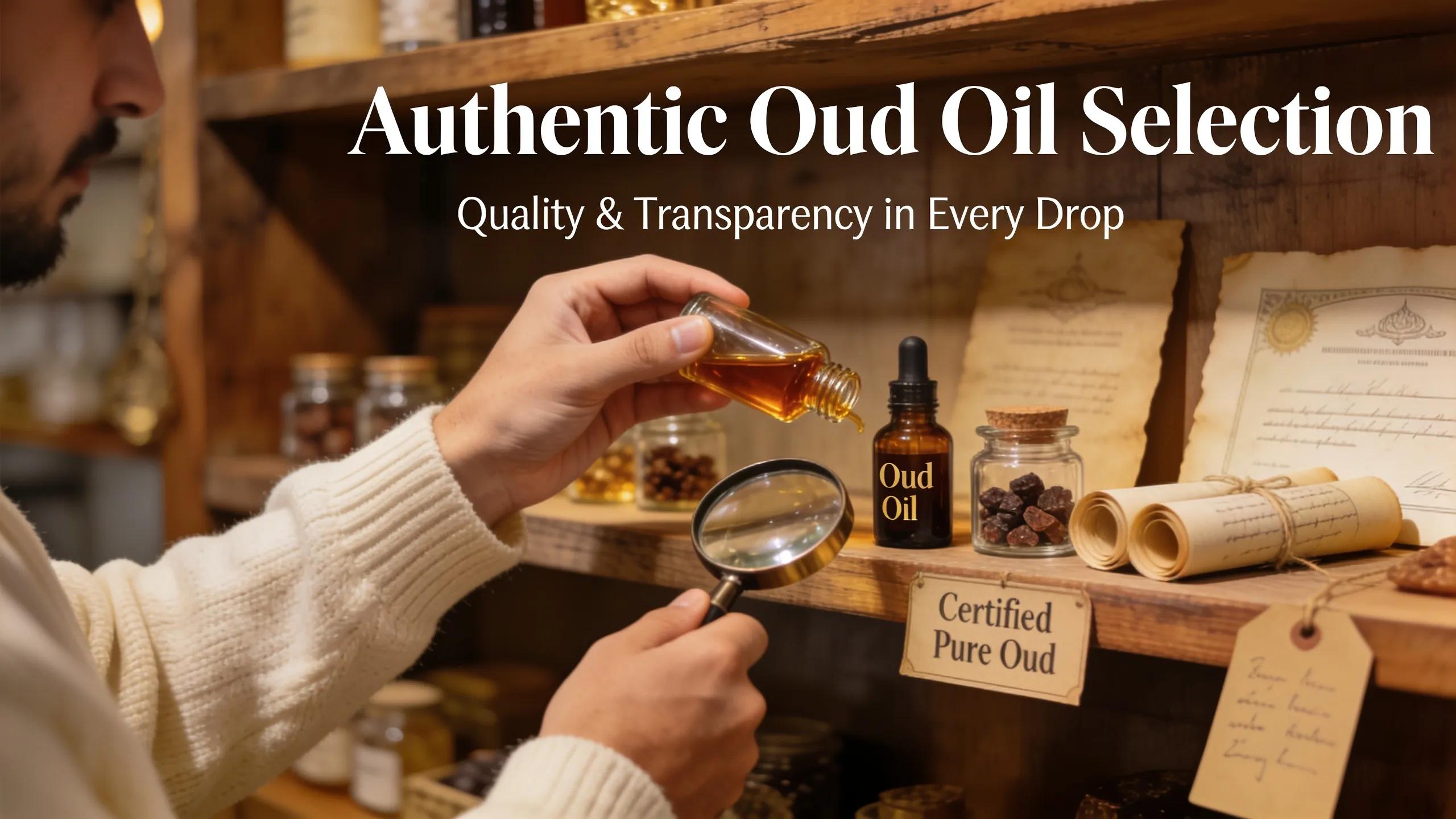 Person examining authentic Oud oil in a shop illustrating careful product selection