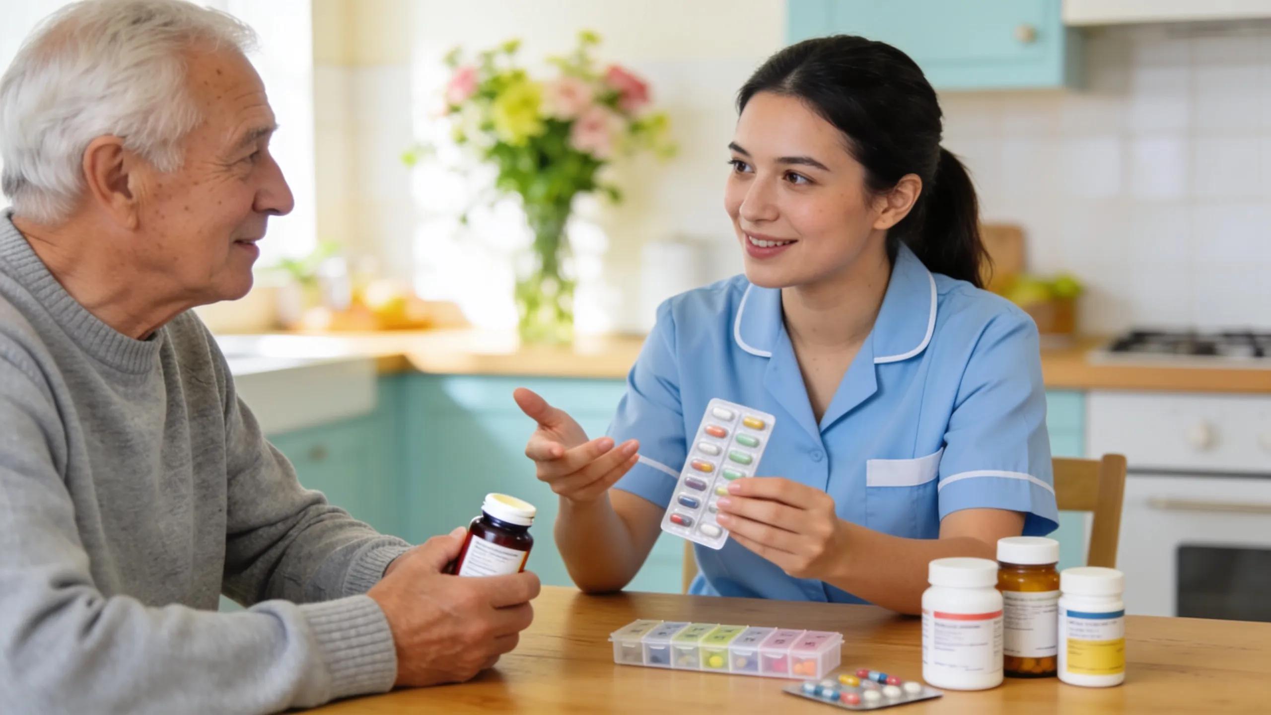 Caregiver assisting senior with medication, highlighting the importance of support in medication management