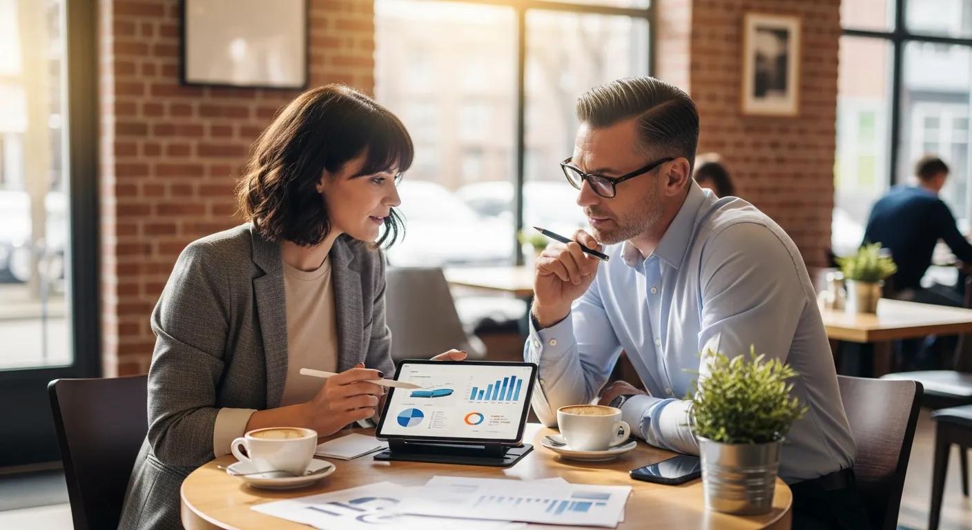 Small business owner discussing bookkeeping services with a professional at a cafe