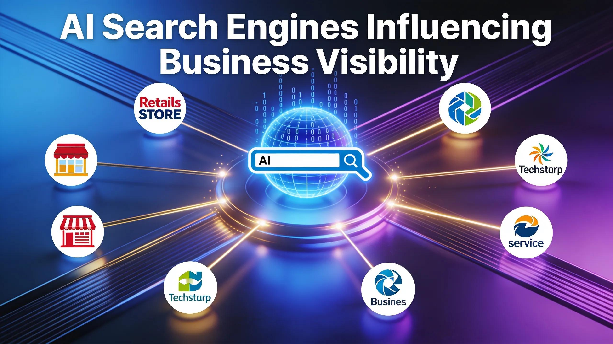 Digital representation of AI search engines influencing business visibility with modern technology connections