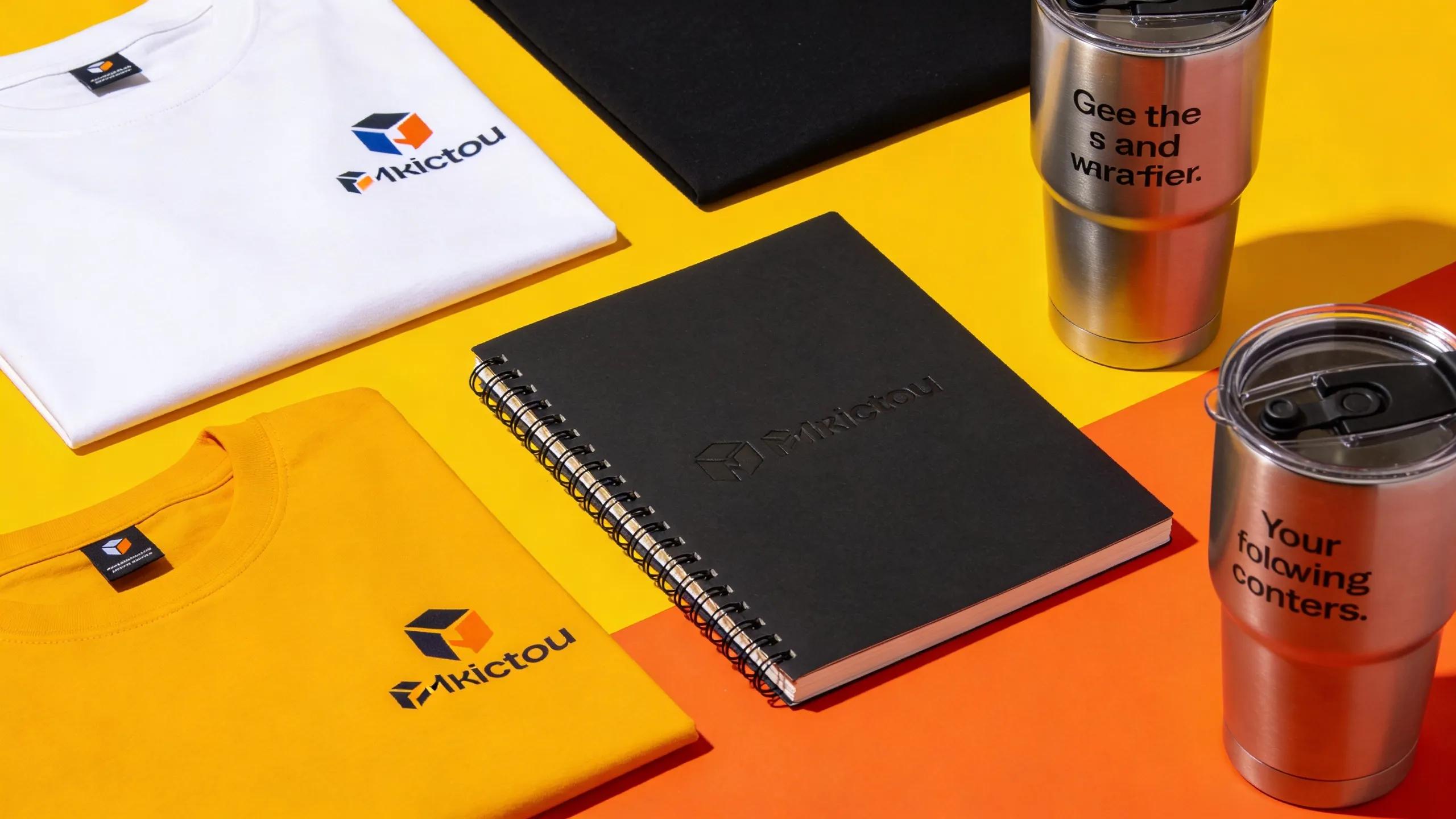 Branded merchandise assortment: t-shirts, notebook, and tumbler for promotional products.