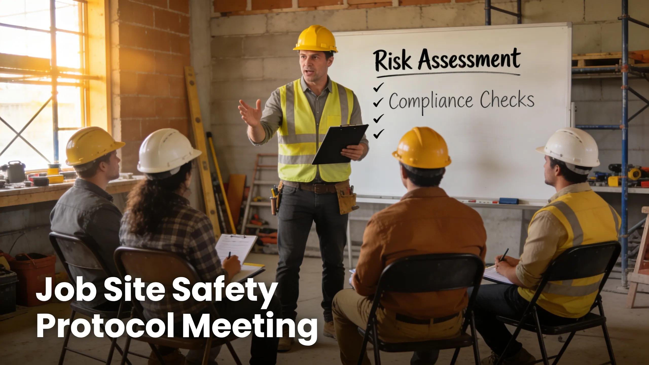 Contractor leading a safety meeting on a job site, emphasizing risk management covered by general liability insurance