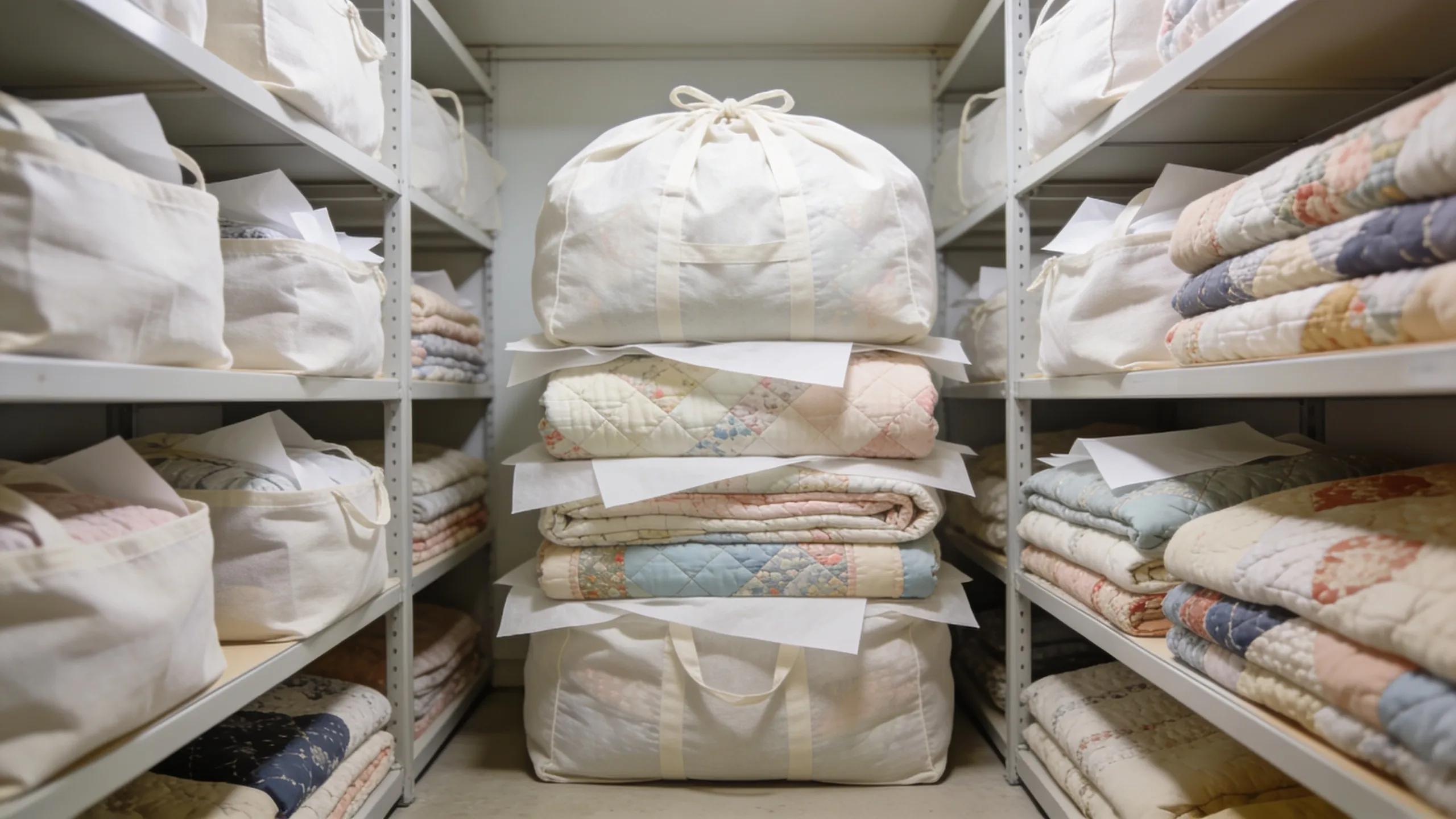 Quilts stored in breathable bags on shelves, demonstrating best practices for quilt storage