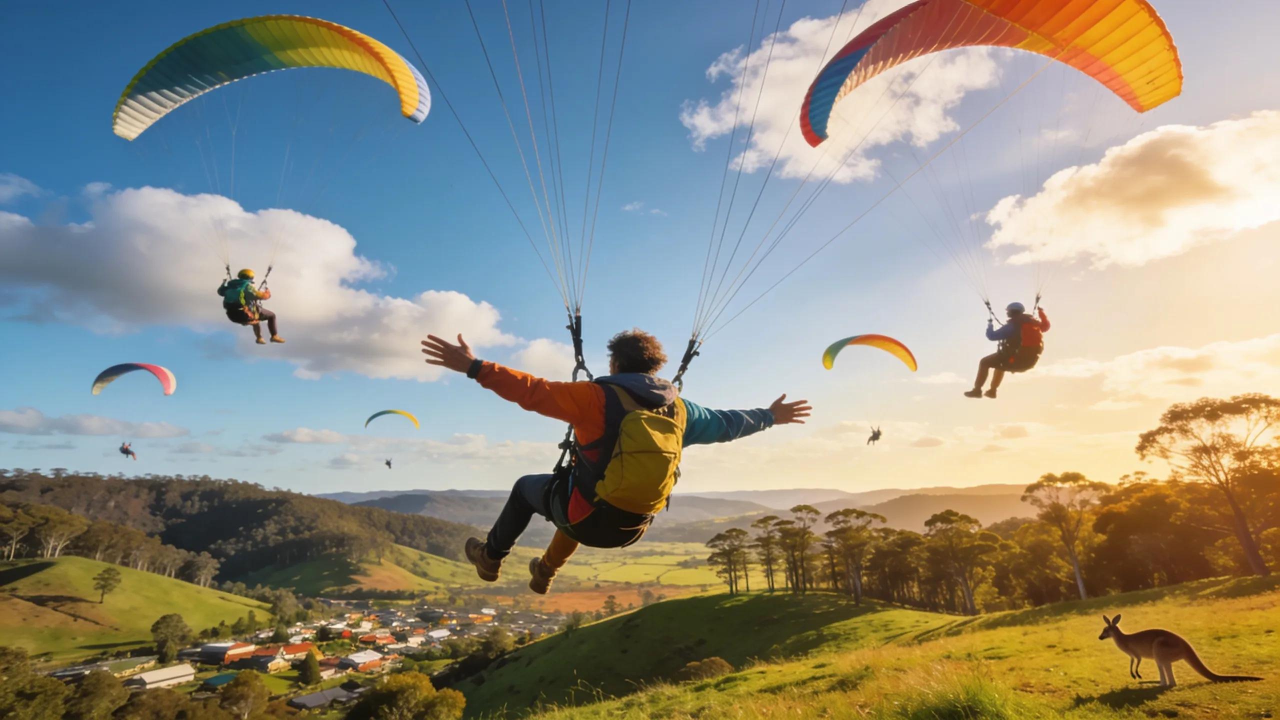 Paragliders soaring over scenic Australian landscapes, representing the thrill of choosing gliders for recreational pilots