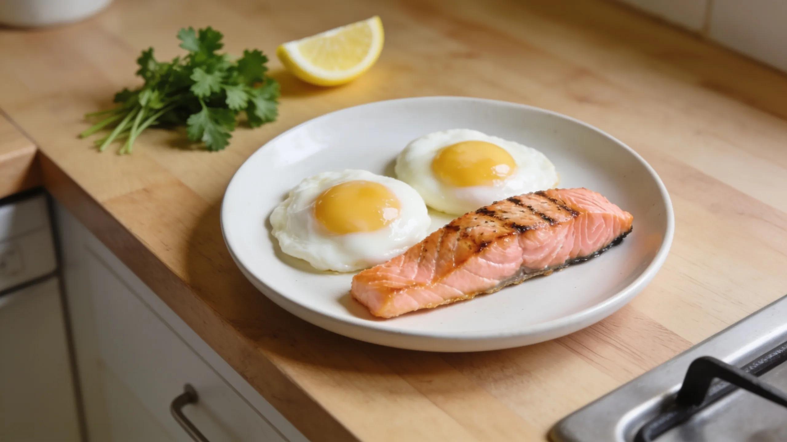 Plate of poached eggs and salmon, highlighting choline sources essential for liver health