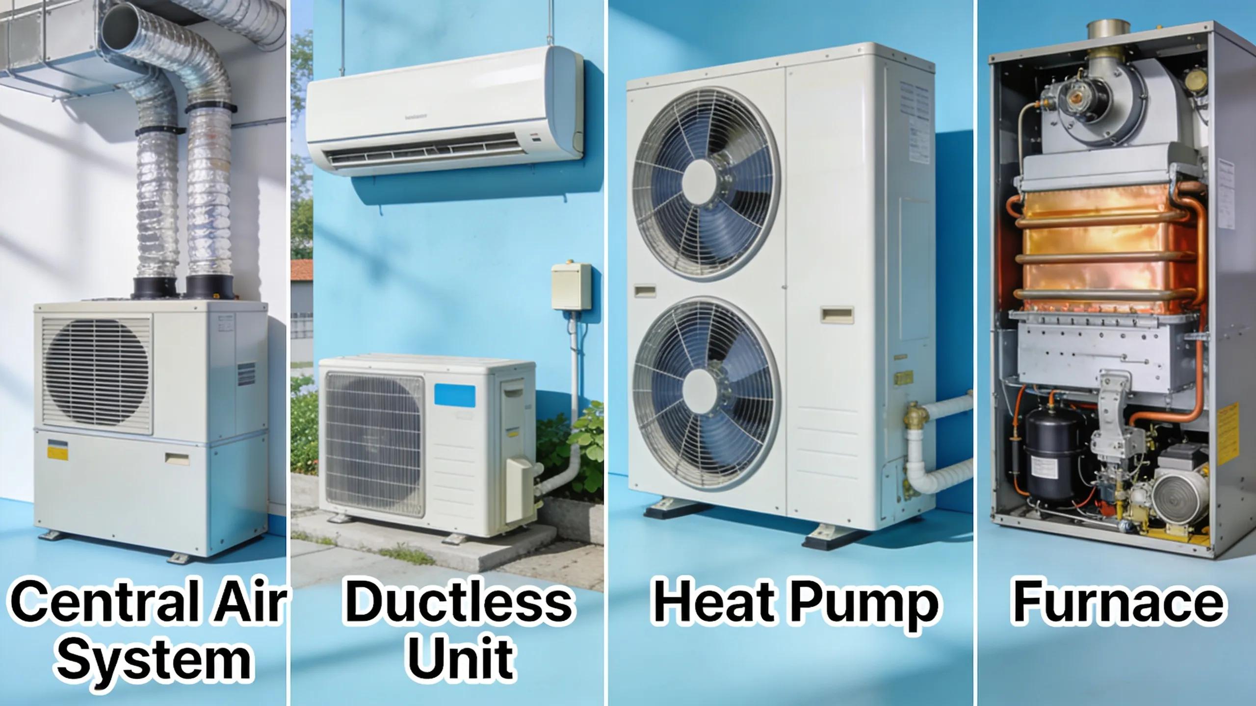 Various types of HVAC systems including central air, ductless, and heat pumps, showcasing different installation options for homeowners