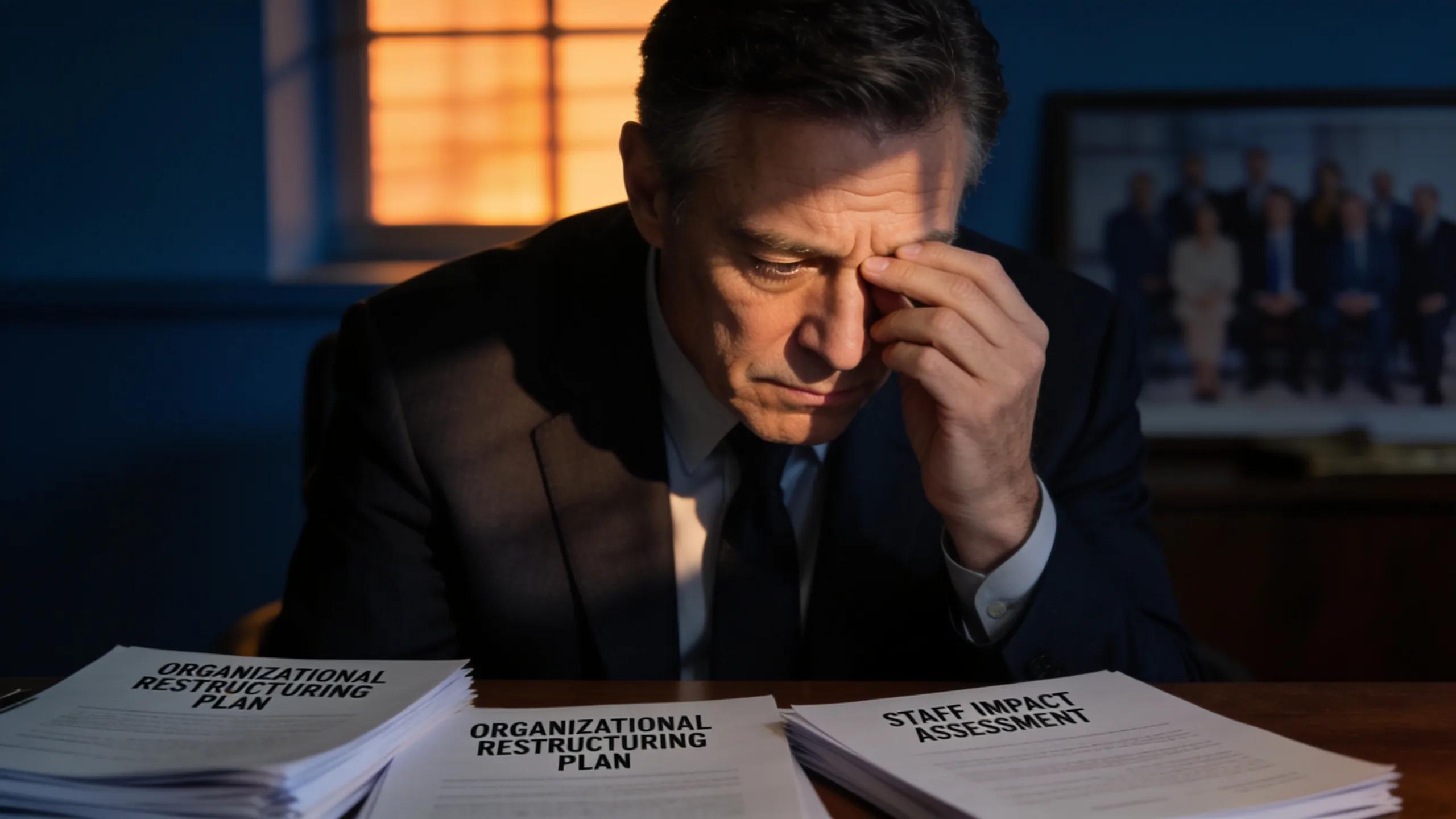 Leader weighing the human cost of a difficult organizational decision