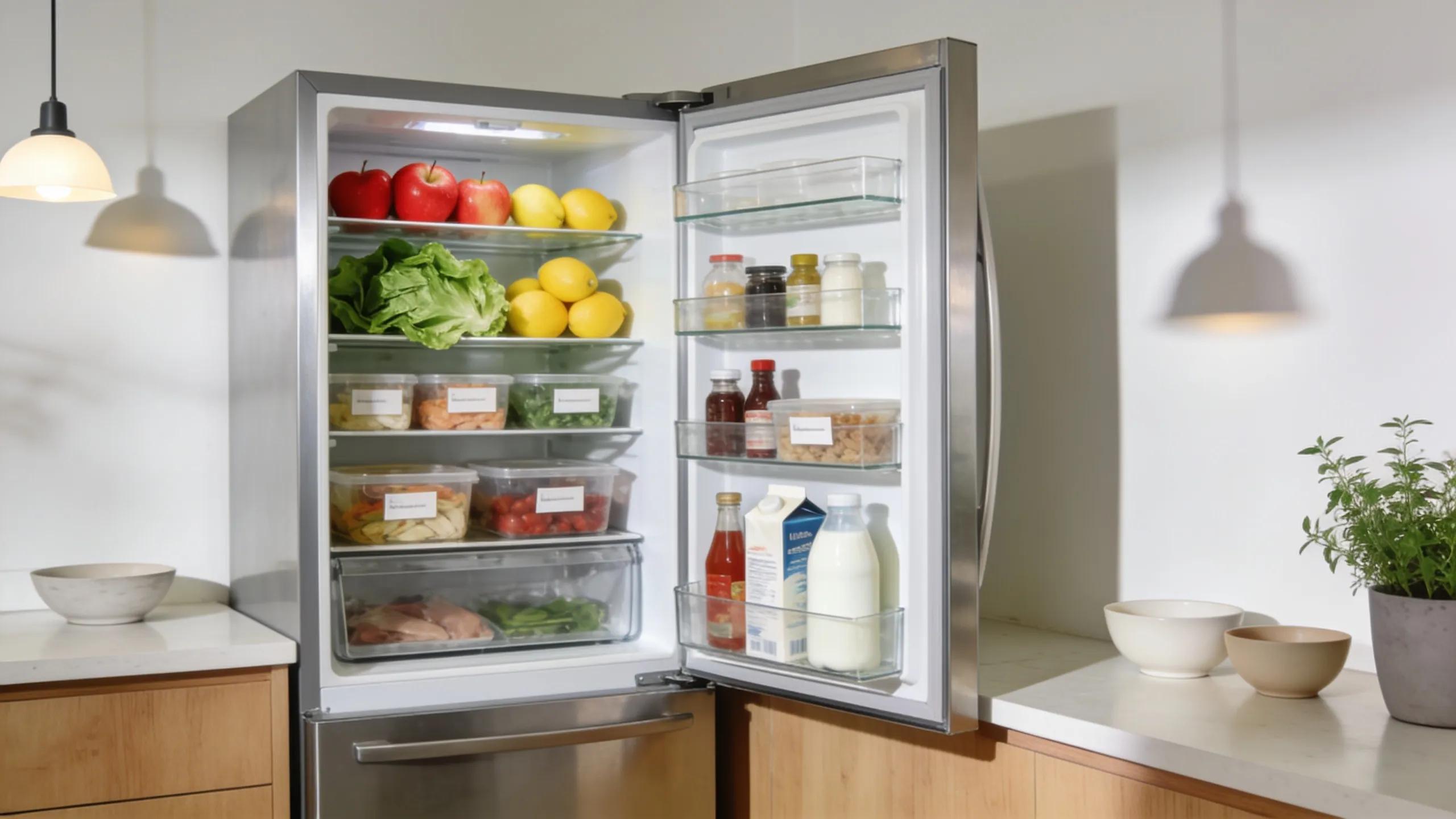 Modern refrigerator filled with fresh produce and food, highlighting food safety