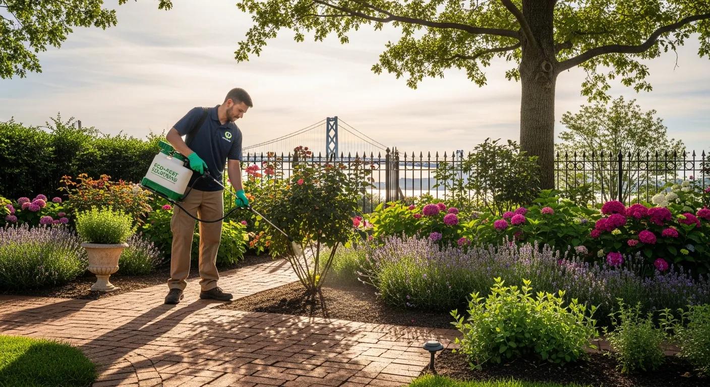 Technician applying eco-friendly pest control solutions in Bayonne garden