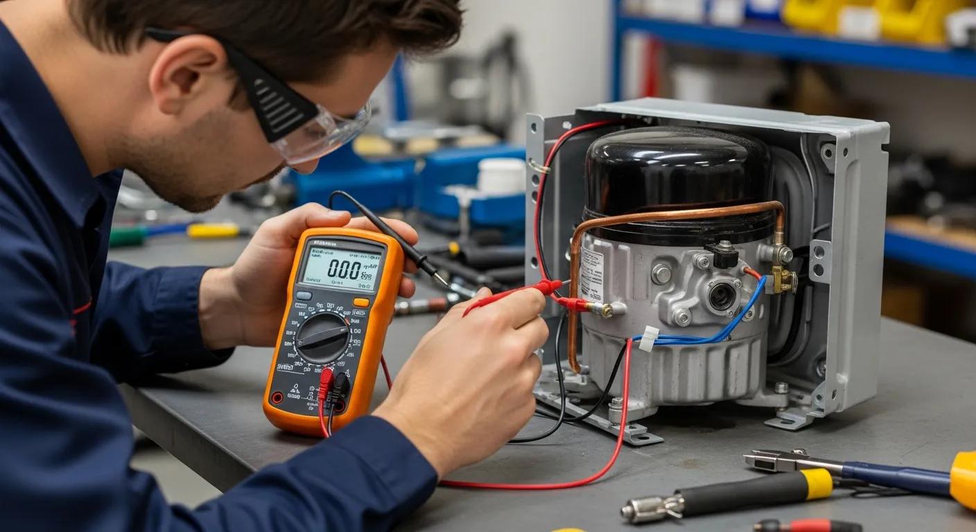 Technician testing a mini-split compressor with a multimeter — diagnostic work Technician testing a mini-split compressor with a multimeter — diagnostic work