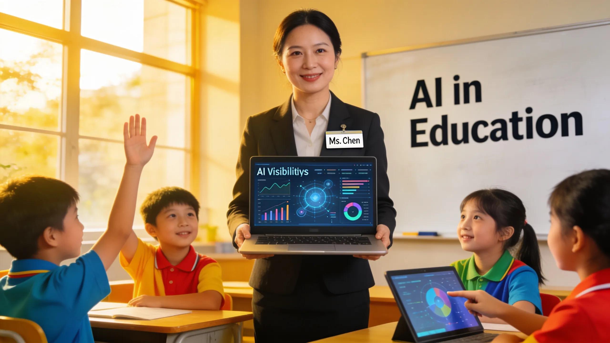 Educator using AI visibility tools in an active classroom setting to enhance online presence