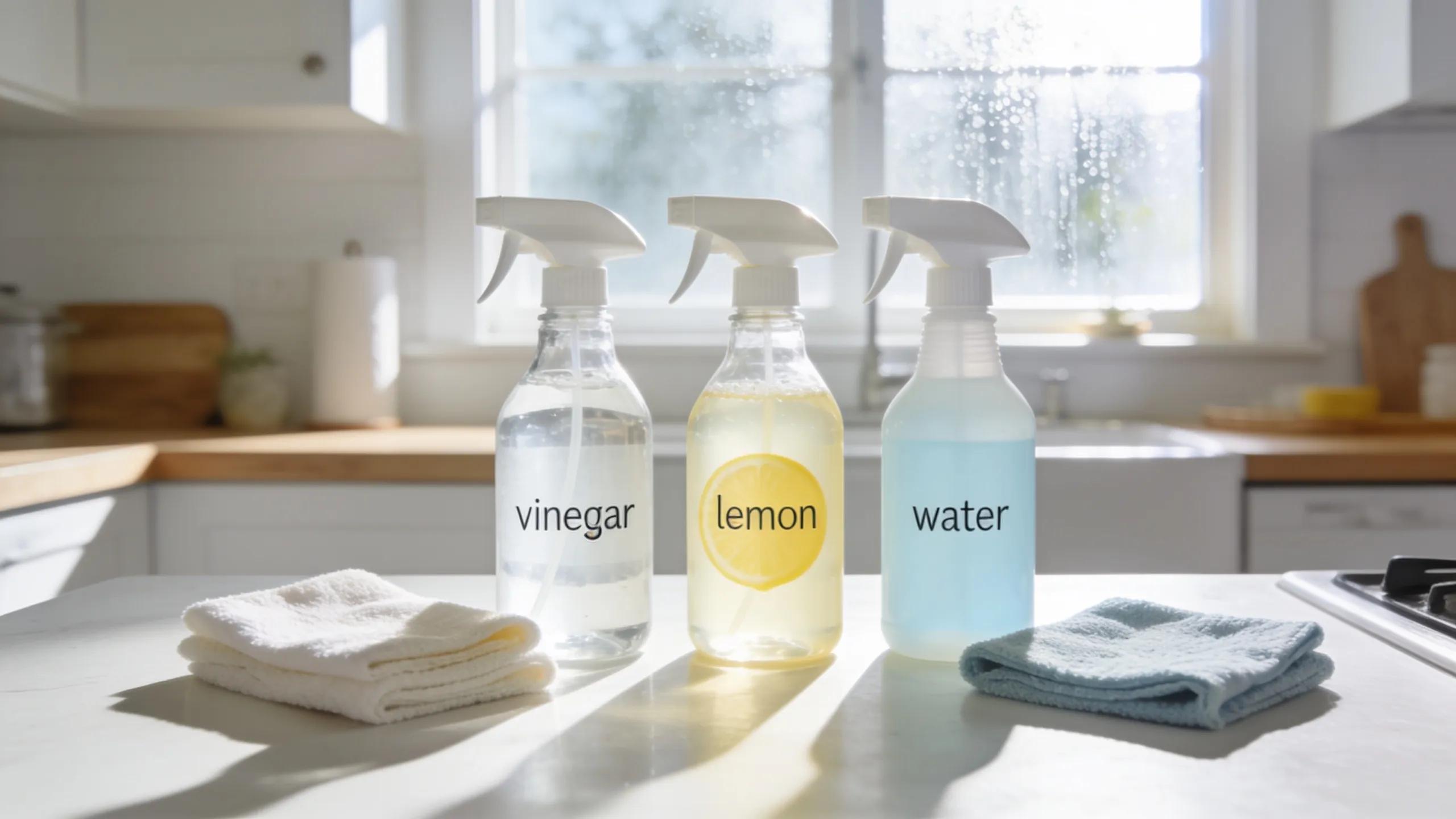 Arrangement of eco-friendly window cleaning products with natural ingredients, emphasizing non-toxic and effective solutions