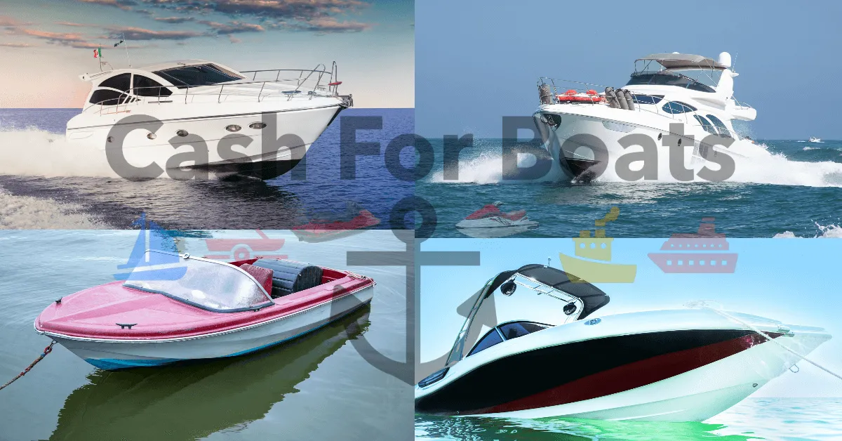 Four boats on water featuring a luxury yacht, a speedboat, and a small fishing boat.