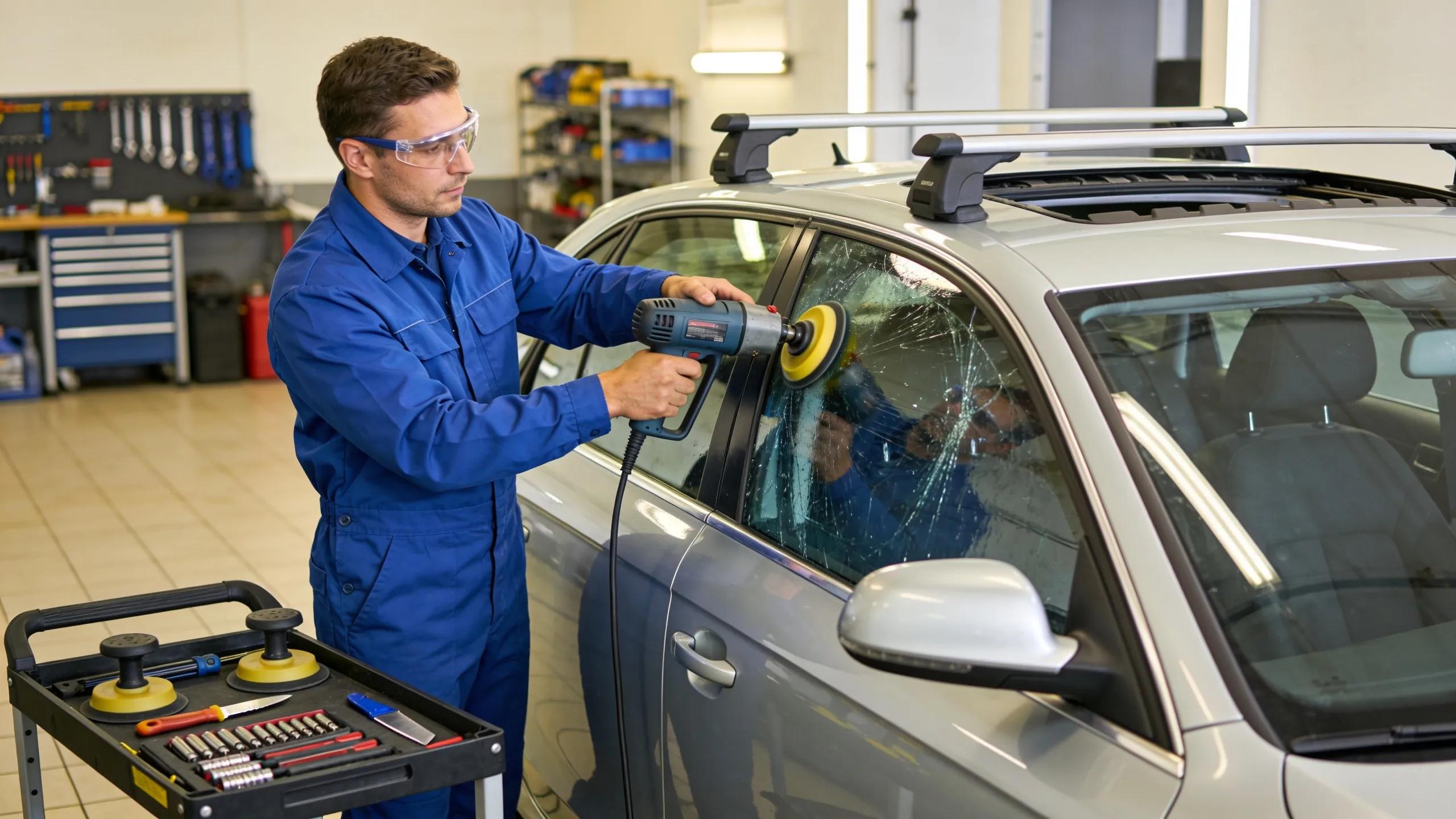 Vehicle with a technician replacing a windscreen in a professional auto shop setting
