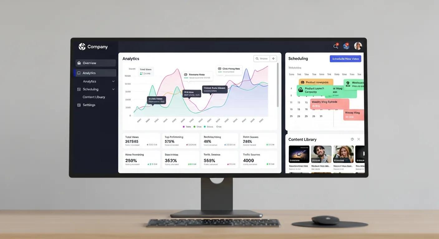 Dashboard view of a video marketing tool with analytics and scheduling Dashboard view of a video marketing tool with analytics and scheduling
