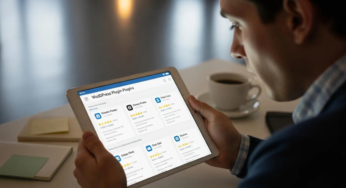 Person reviewing WordPress plugins on a tablet — choosing essential tools for business