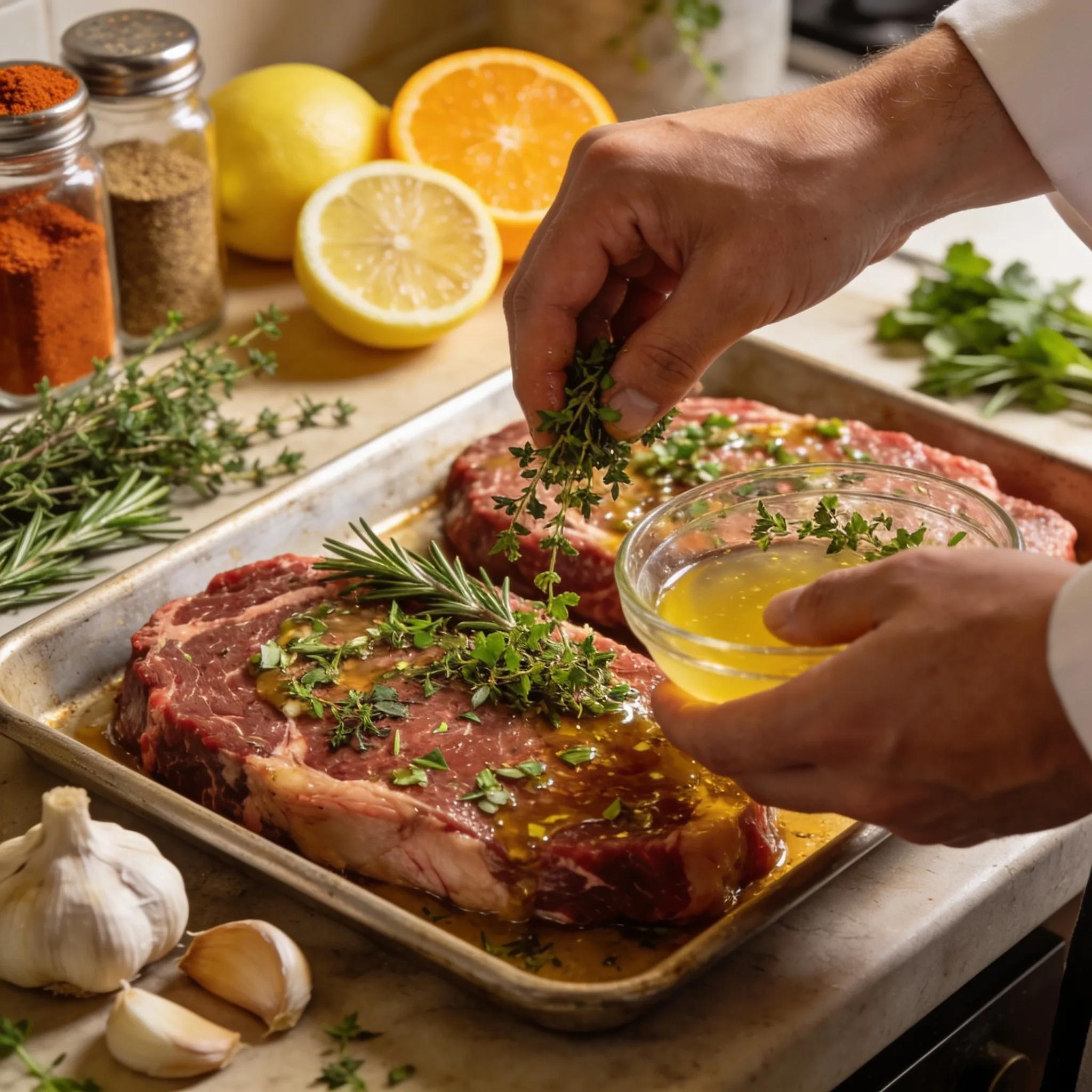 A chef marinating grass-fed beef steaks with fresh herbs and citrus in a warm kitchen