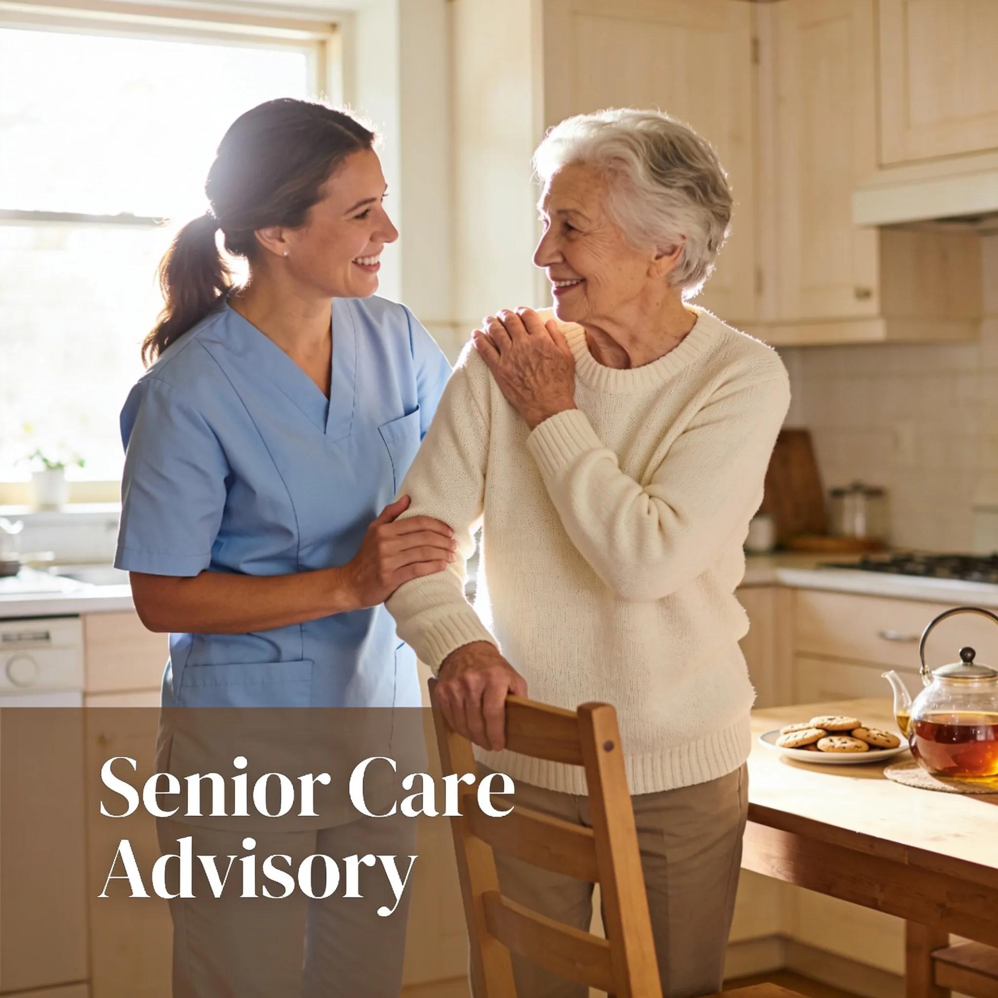 Compassionate caregiver helping elderly person in a friendly home environment, highlighting senior care services