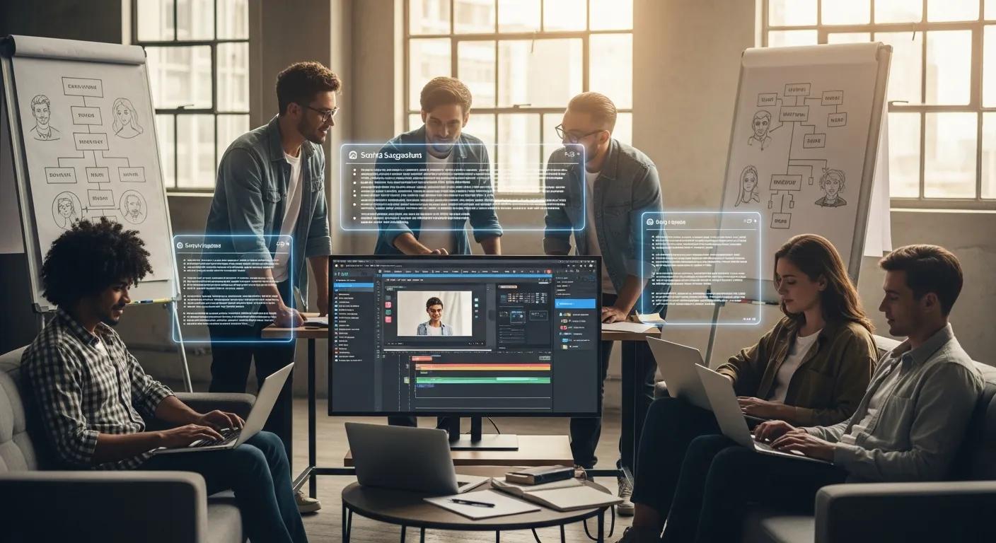 Creative team collaborating on video scripts alongside AI tools Creative team collaborating on video scripts alongside AI tools