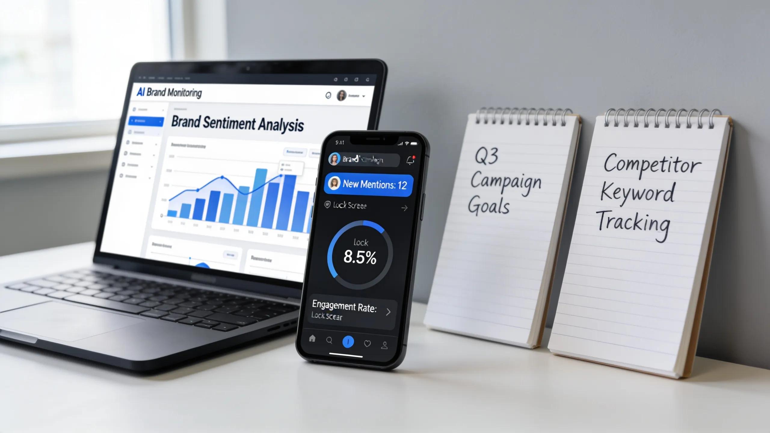 Workspace with tools and devices for effective AI brand monitoring and LLM tracking