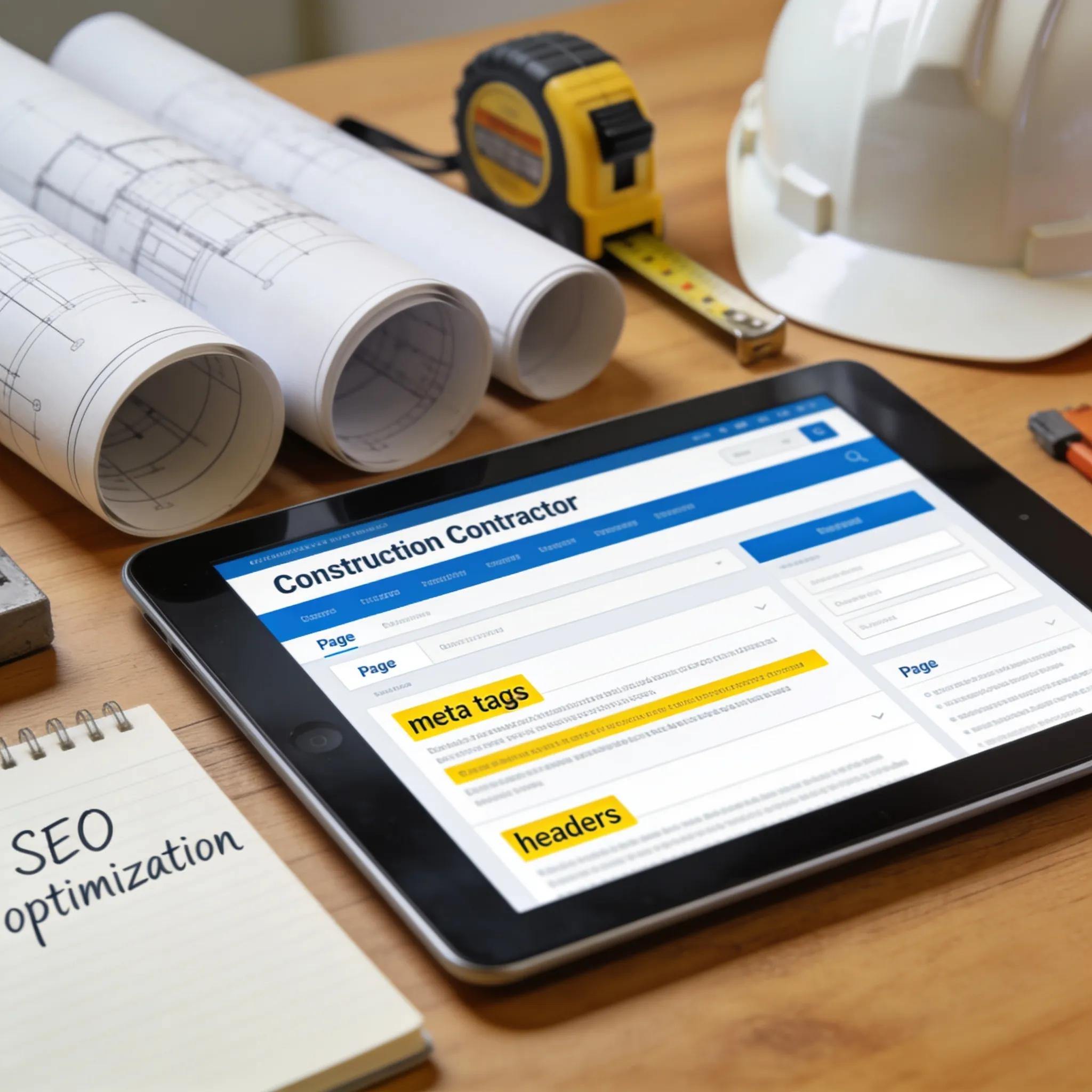 Tablet displaying optimized on-page elements of a contractor's website, highlighting SEO practices.