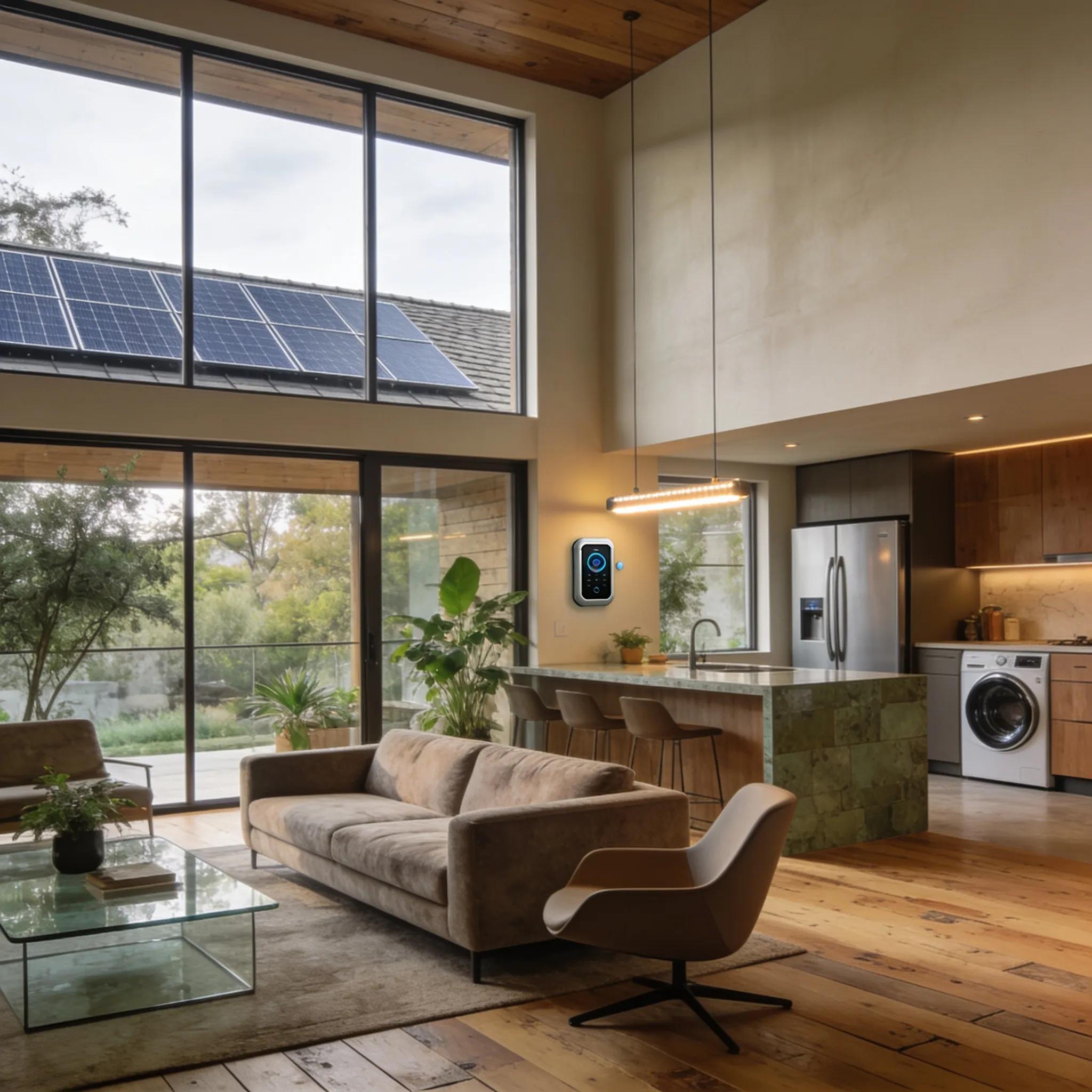 Modern living space showcasing sustainable home design with eco-friendly materials and smart technologies Modern living space showcasing sustainable home design with eco-friendly materials and smart technologies