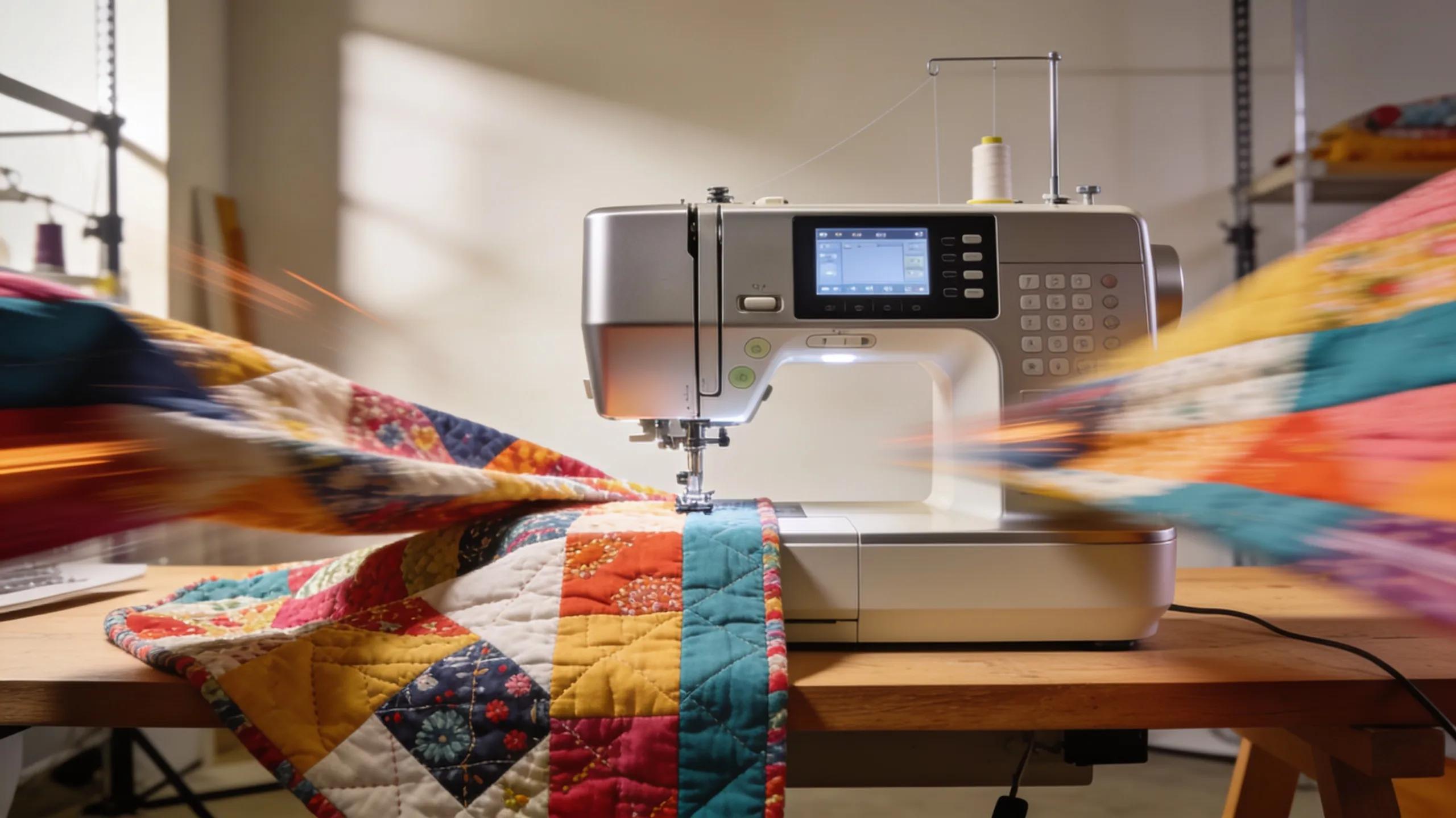 Modern sewing machine in use for quilting with colorful fabrics