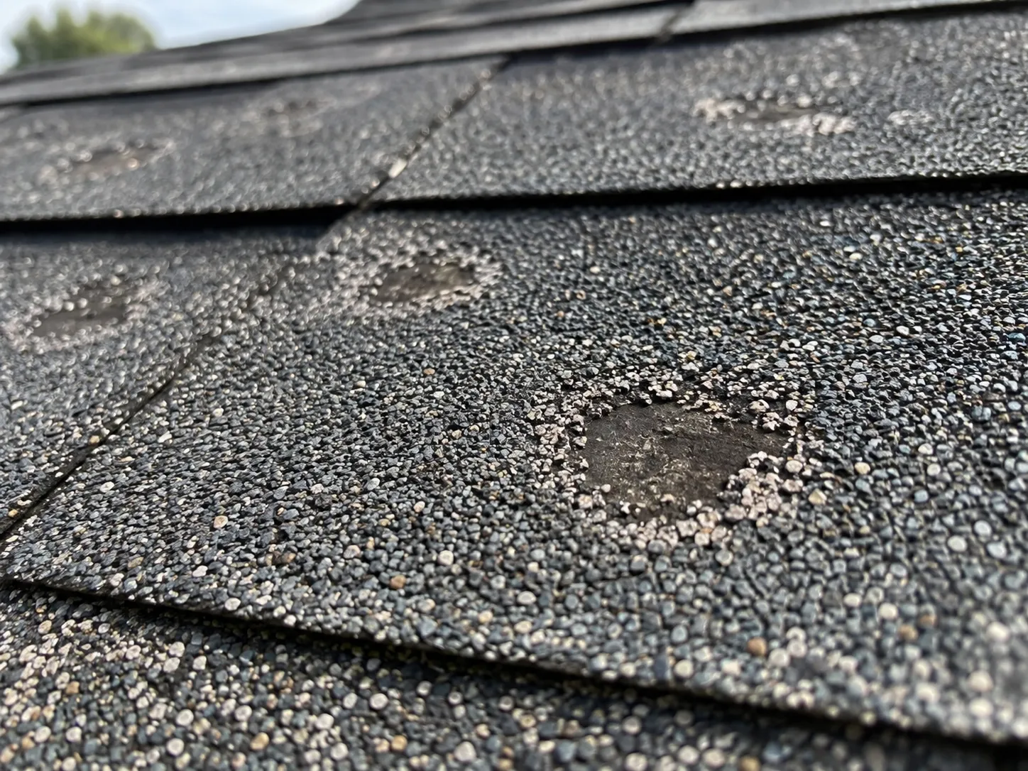 Close-up of hail damage on asphalt roof shingles Close-up of hail damage on asphalt roof shingles