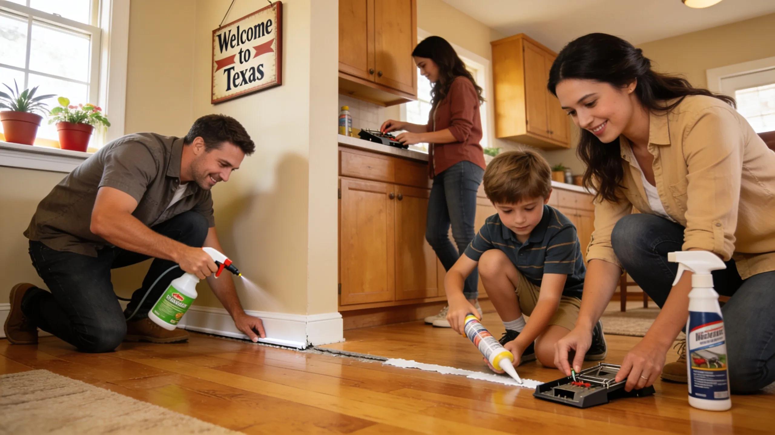 Happy family engaged in pest control prevention at home in Texas