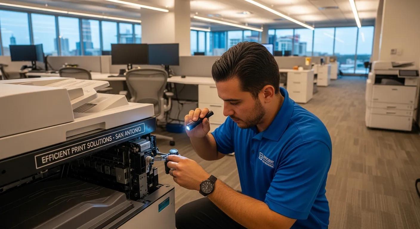 Technician providing managed print services in a San Antonio office, ensuring efficient printer operation