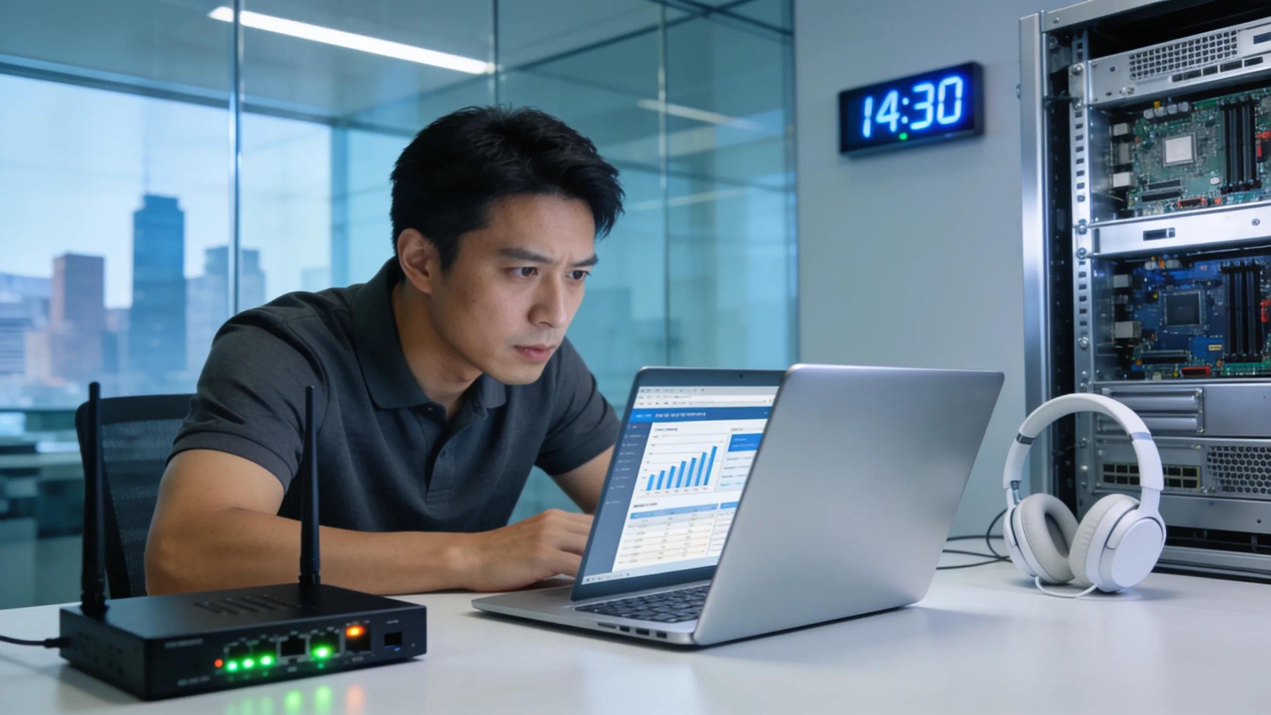 Professional analyzing website performance data with technical equipment in a modern office setting