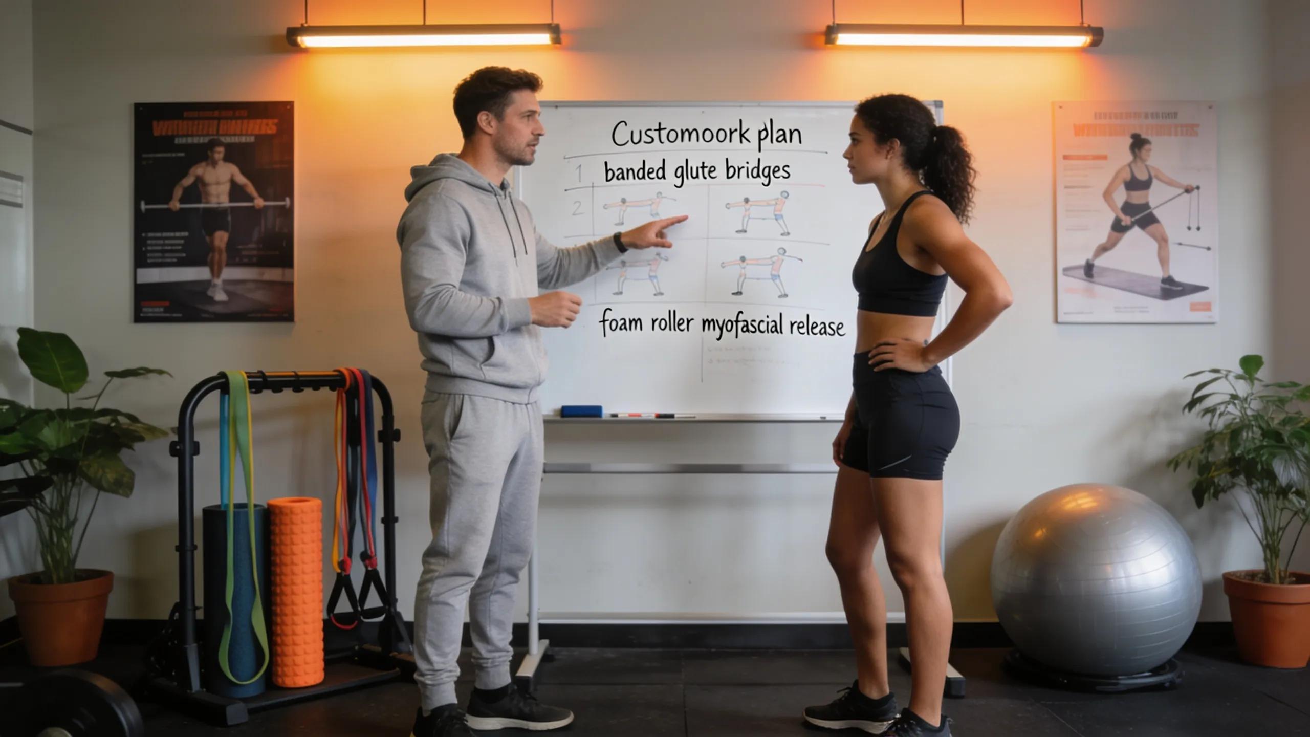 Personal trainer creating a customized recovery workout plan with a client