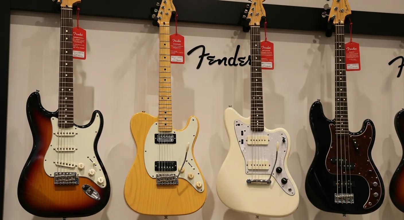 Popular Fender guitar models displayed, highlighting key features and unique designs