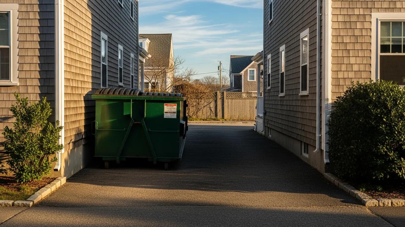 Roll-off dumpster placed carefully in a narrow Ocean City MD beach house driveway