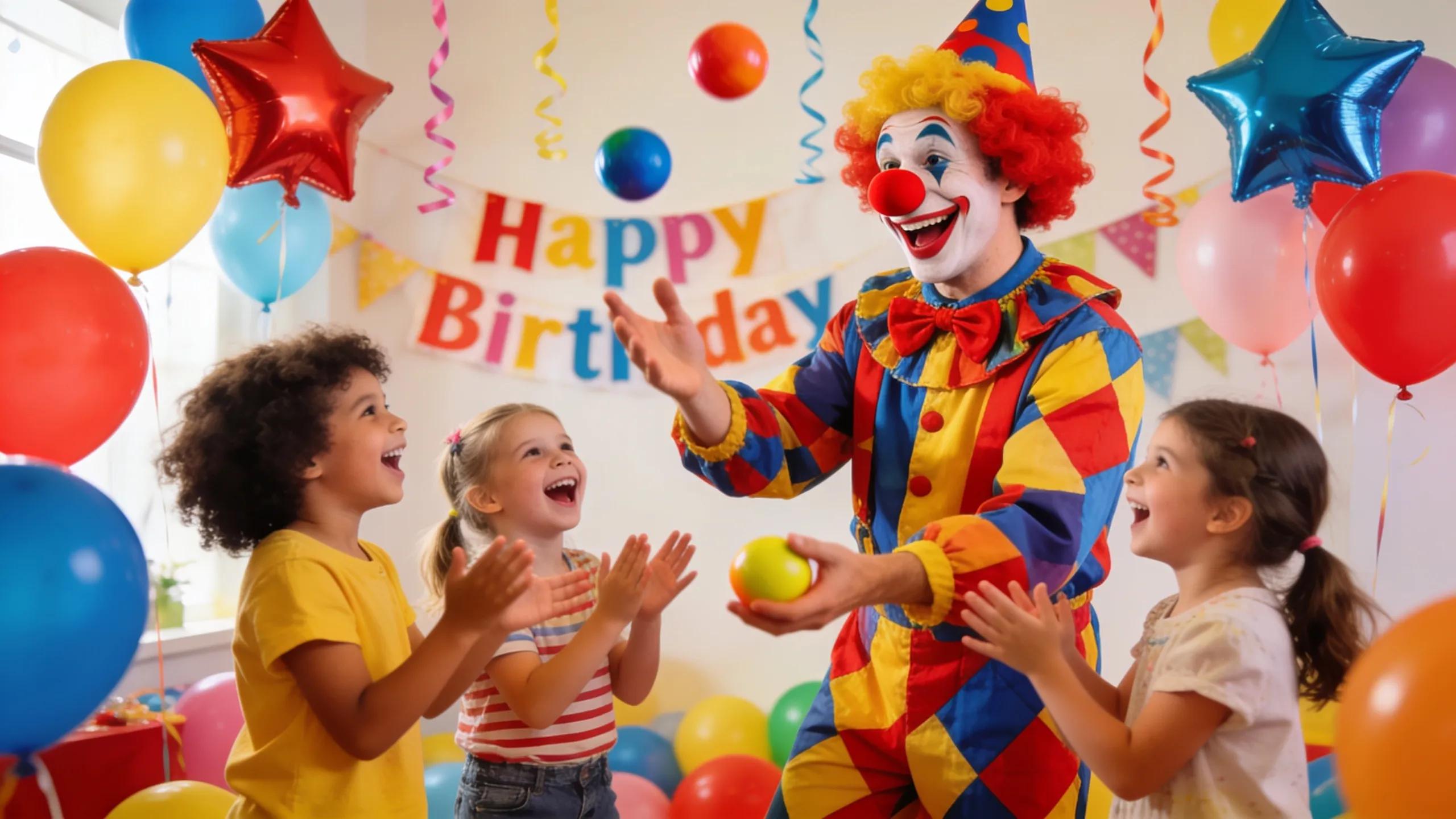 Colorful clown entertaining children at a birthday party, surrounded by balloons and laughter