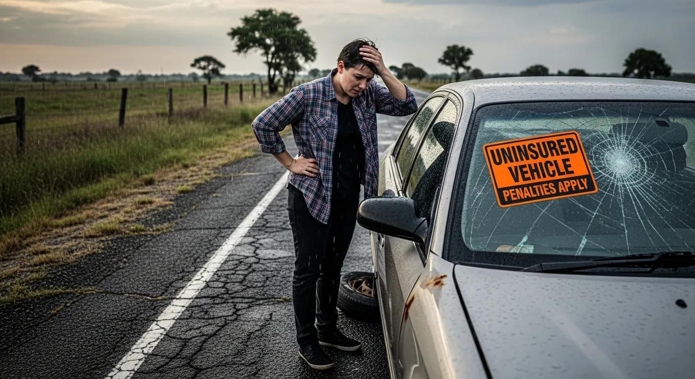 Worried driver beside a car on the roadside, symbolizing uninsured driving issues