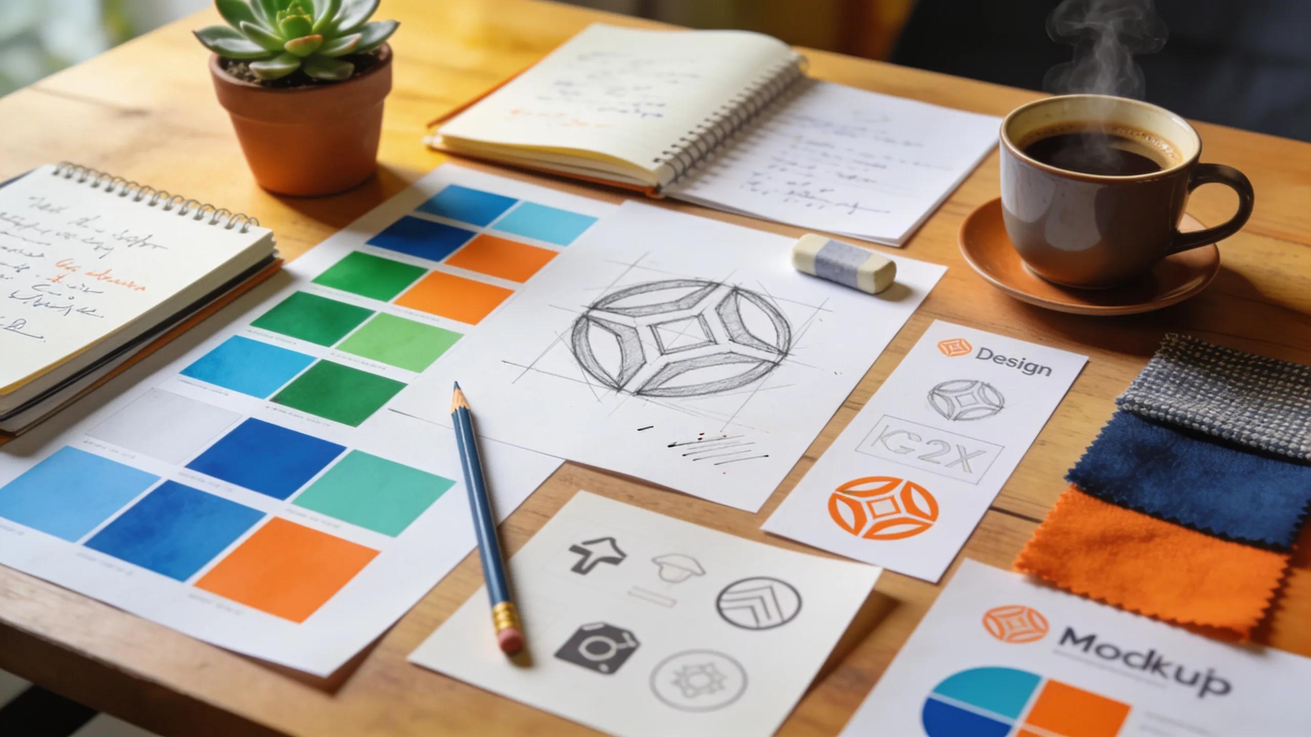 Creative workspace demonstrating the process of developing visual identity elements for branding
