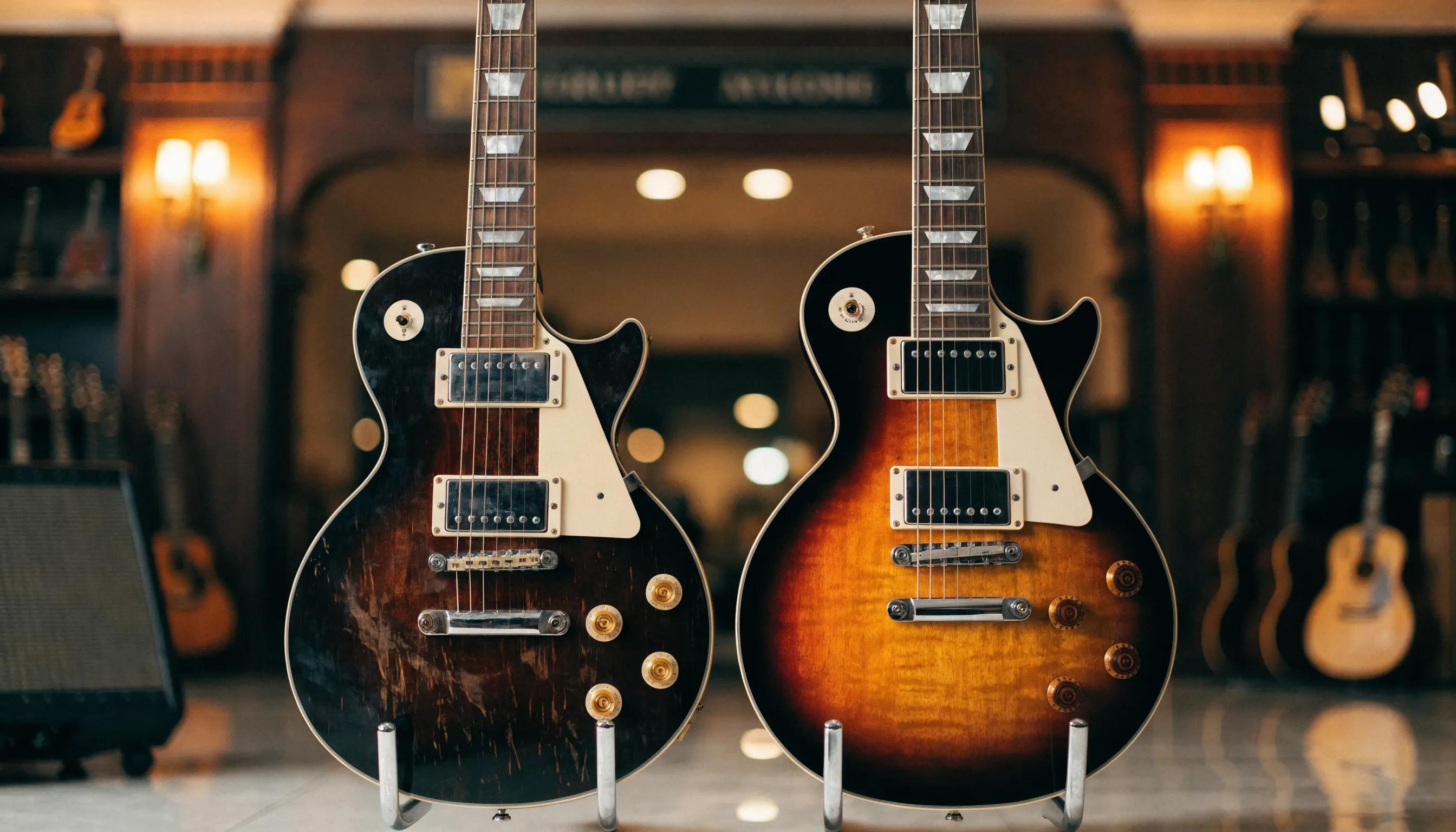 Comparison of Epiphone and Gibson Les Paul guitars showcasing craftsmanship and design details