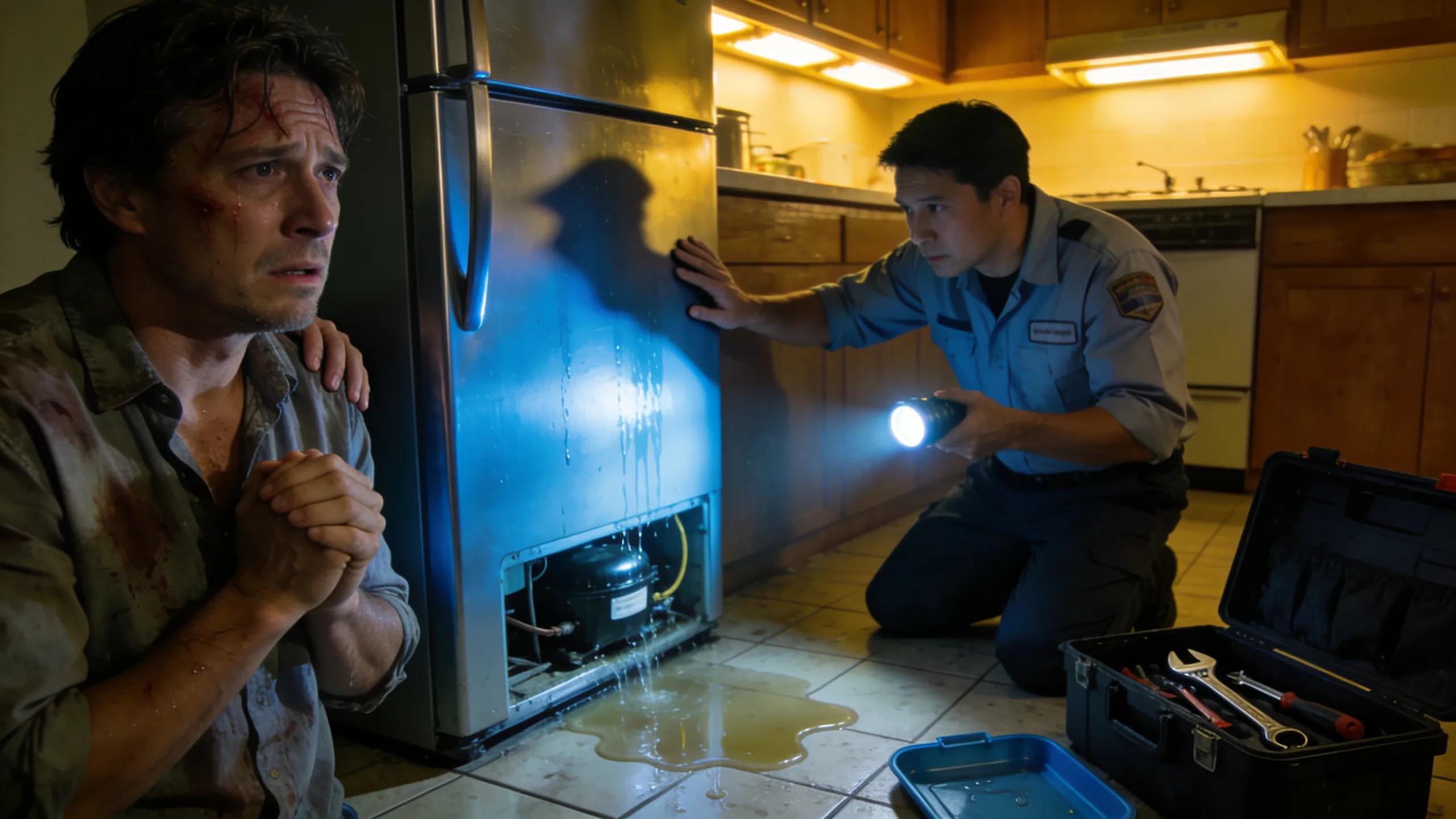 Homeowner stressed over refrigerator leak as technician provides emergency repair service, highlighting urgency and professionalism