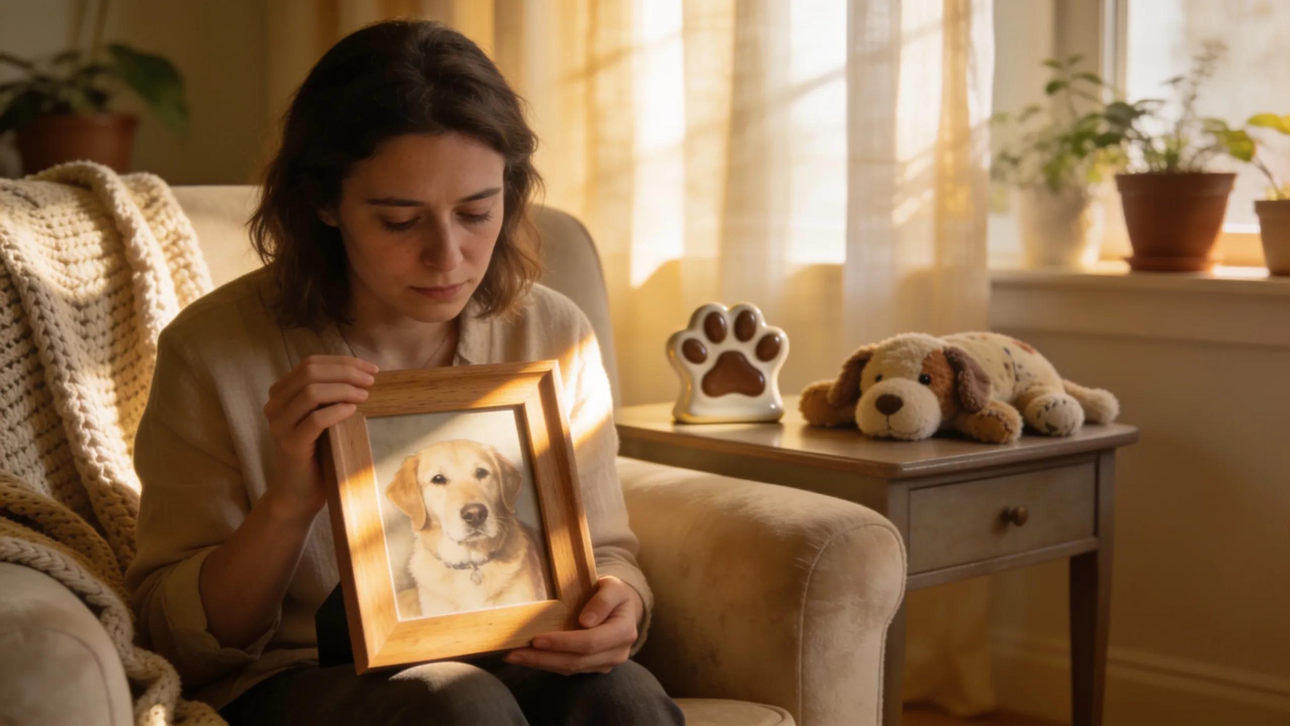 Pet owner reflecting on their beloved pet in a serene living room