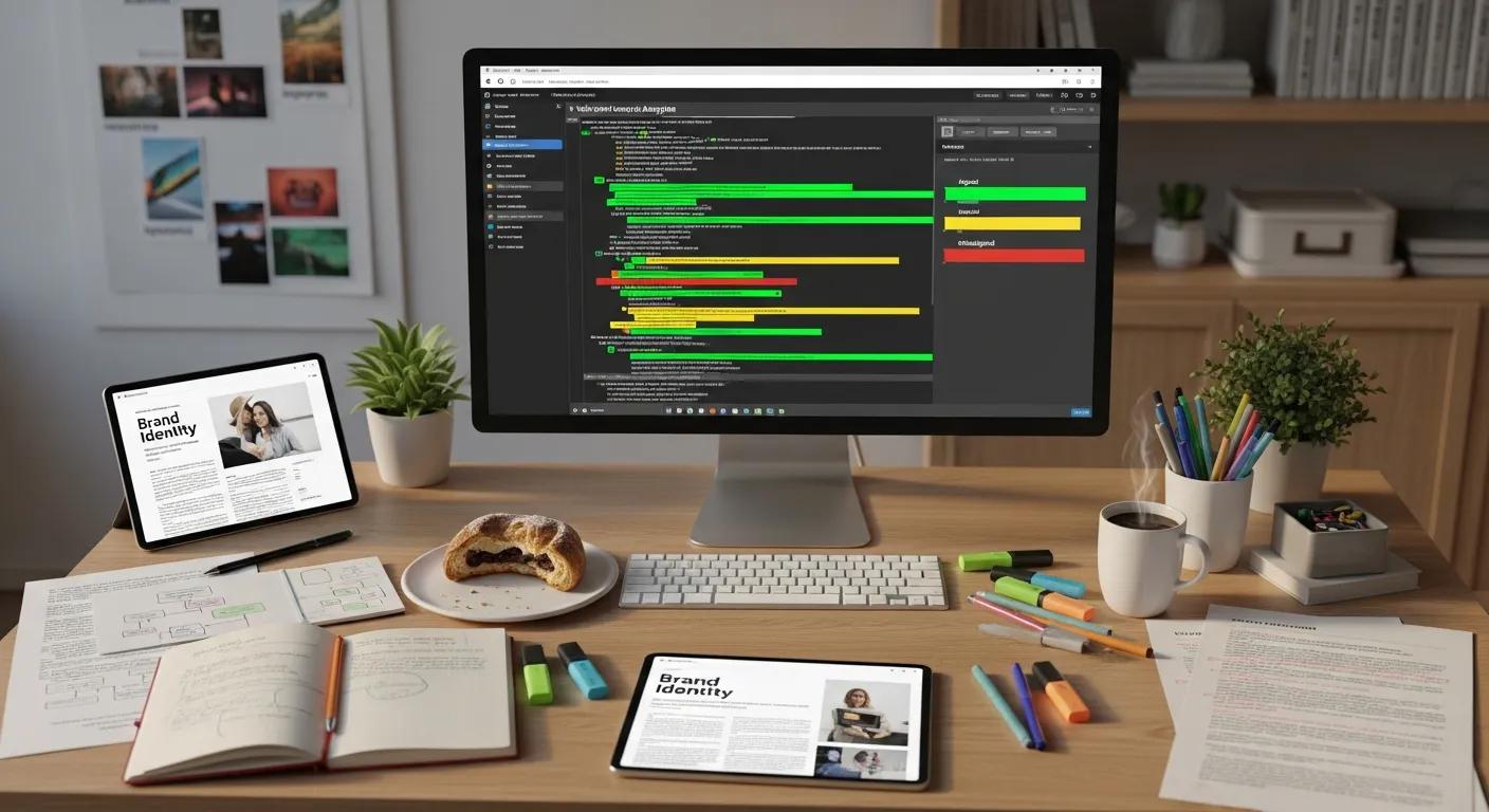 Creative workspace analyzing video scripts for semantic brand voice alignment AI avatar demonstrating Syllaby's tools for efficient content creation and personalization.