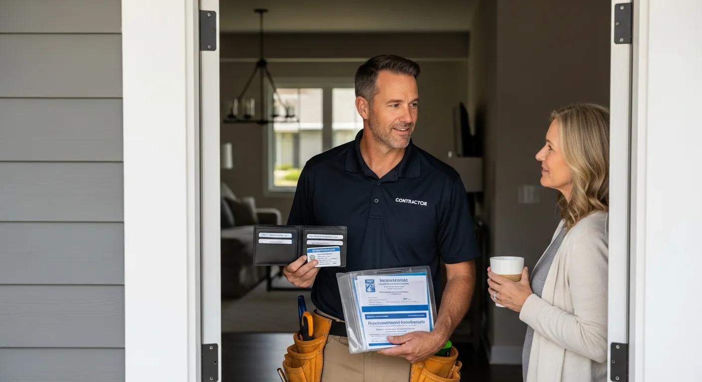 Contractor showing credentials and licensing documents to a homeowner