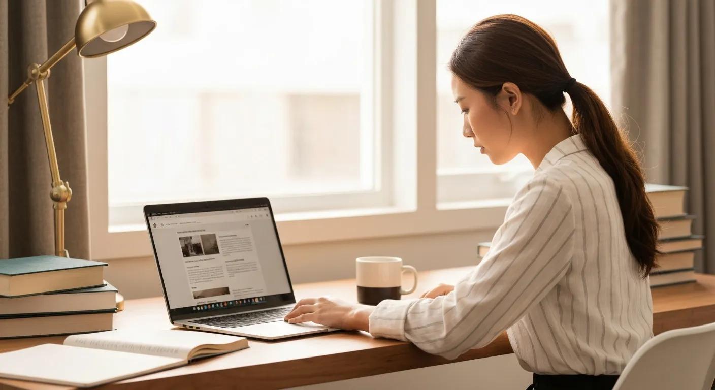 Person researching local citations for Charleston businesses with organized workspace