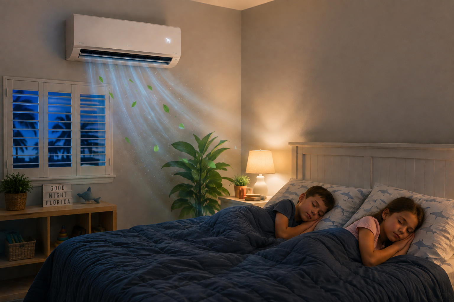 Two children sleeping in a cozy bedroom with an air conditioner above. Two children sleeping in a cozy bedroom with an air conditioner above.