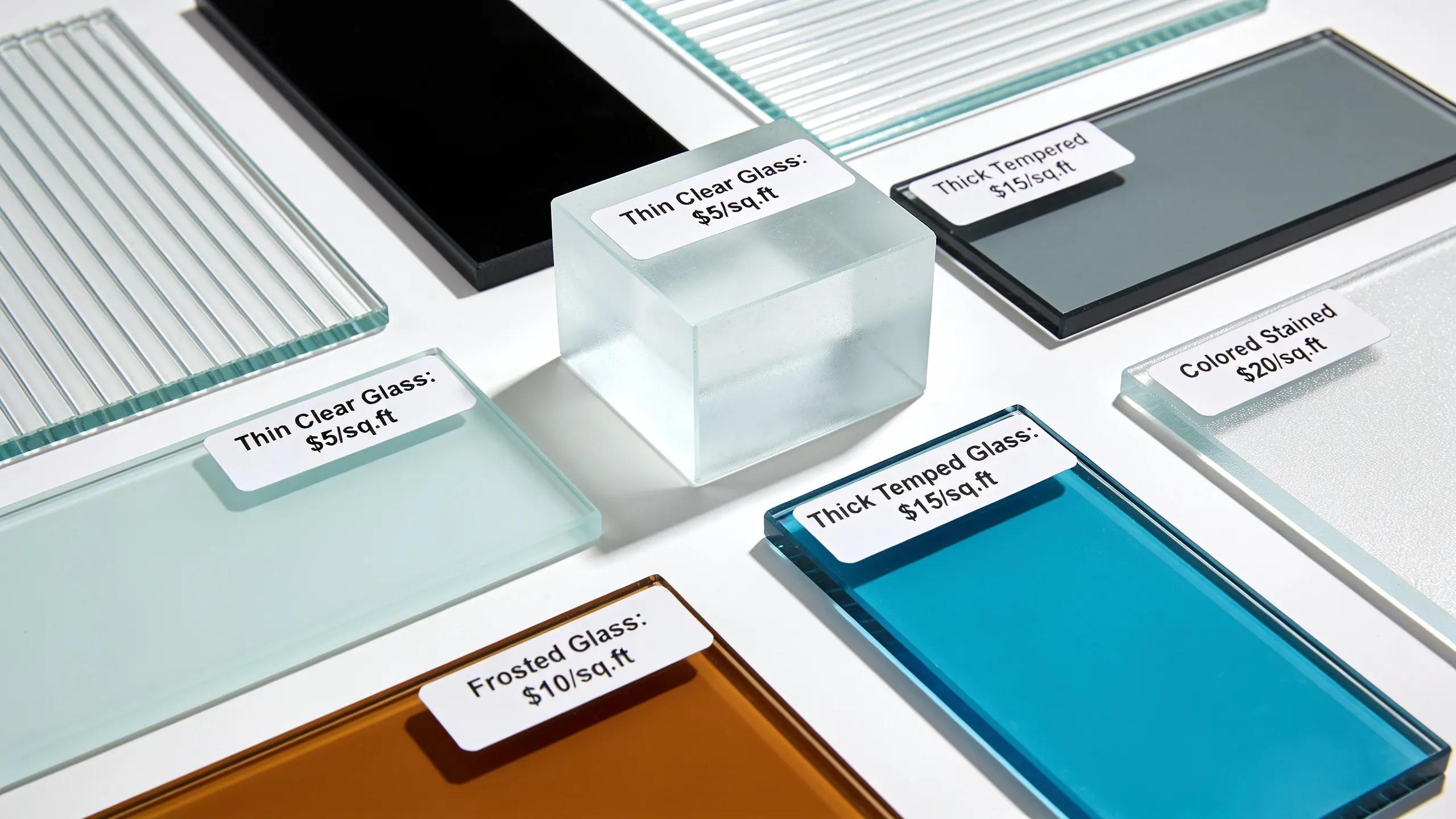 Different types of glass samples with price tags, highlighting cost differences in glass replacement options