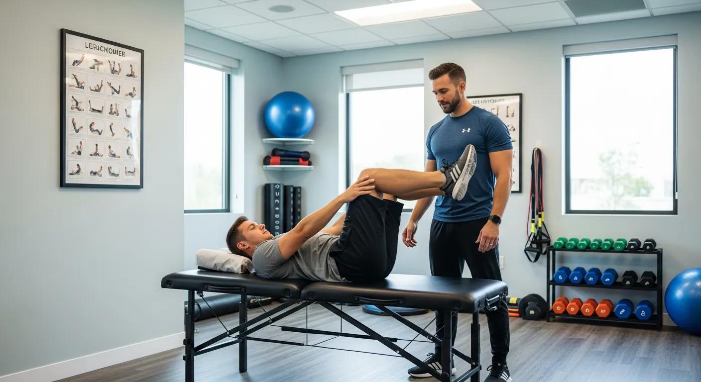 Patient performing therapeutic exercises with chiropractor in rehabilitation space